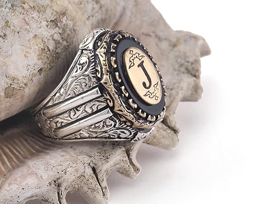 Miniatura 2 de Custom Personalized Letter Ring, Beautiful Handcrafted Personalized 925K Solid Sterling Silver Onyx Stone Men's Ring RP77