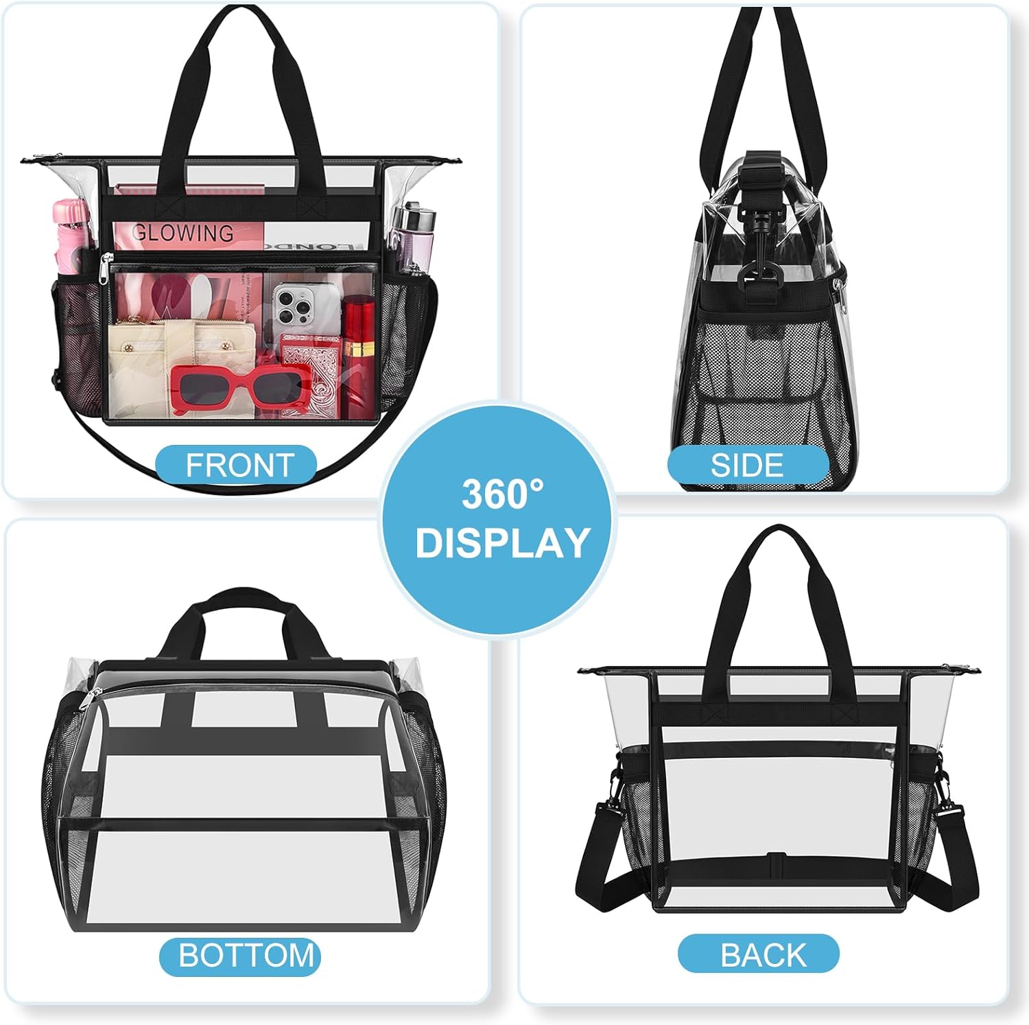 Busiuw Clear Bag for Stadium Events 12x6x12, Clear Tote Bag Sports Fan with Zipper Closure for Sport Festival Work Game Day | Adjustable Strap, 40MM Heavy Duty PVC, Large Capacity