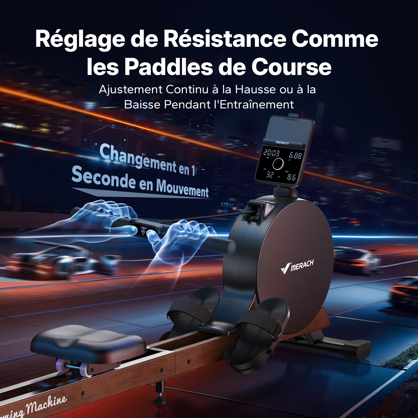 MERACH Rameur Musculation D'appartement, Auto-générateur, résistance magnétique maximale améliorée de 60 kg, réglage Automatique de la résistance, Doubles Rails en Bois, Affichage LED, Professionnel