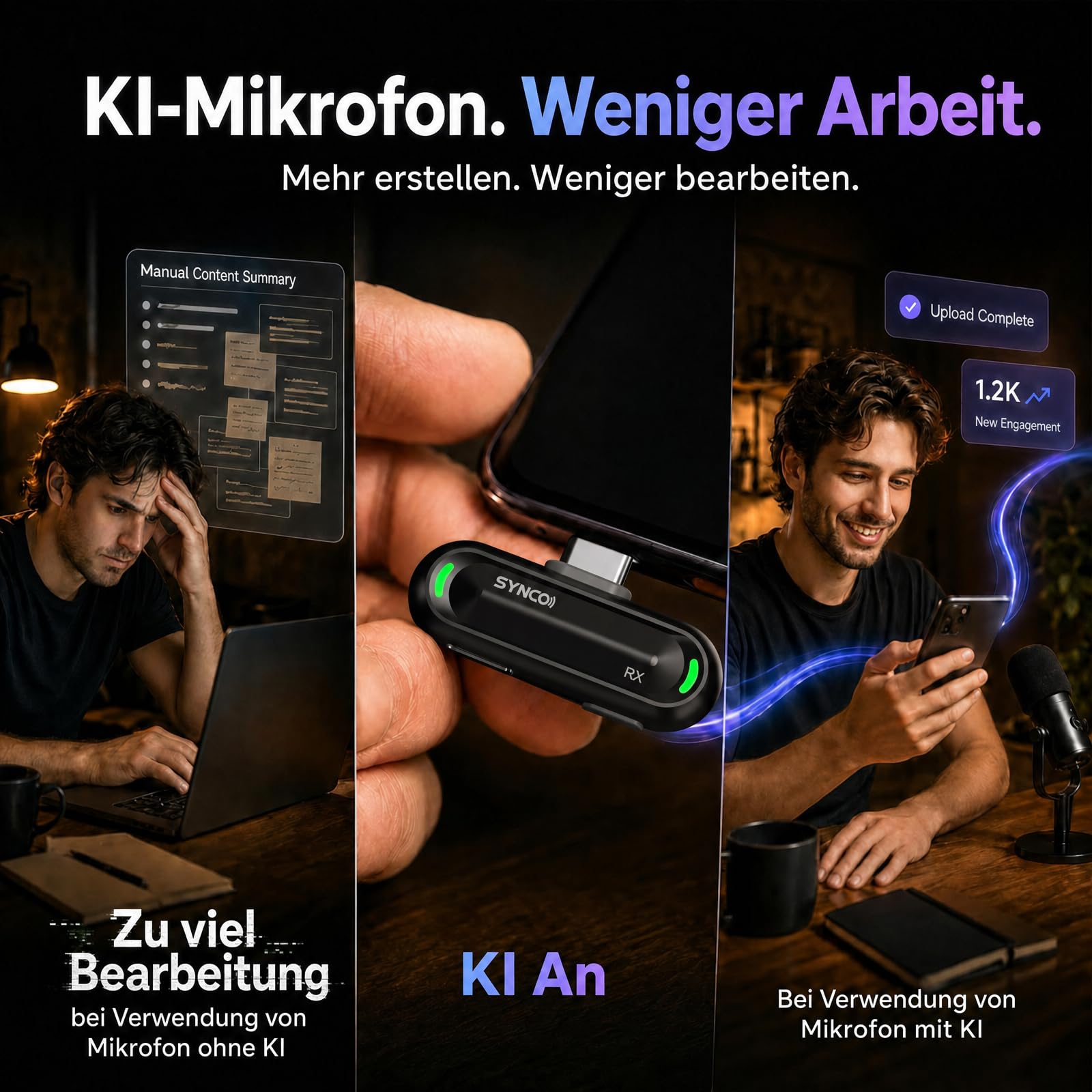 SYNCO SMICT KI Funkmikrofon für Android, Kabelloses Lavalier Mikrofon mit Echtzeit Übersetzung, AI App, Geräuschunterdrückung, USB-C, 2 Sender für Vlog, Streaming, Interview