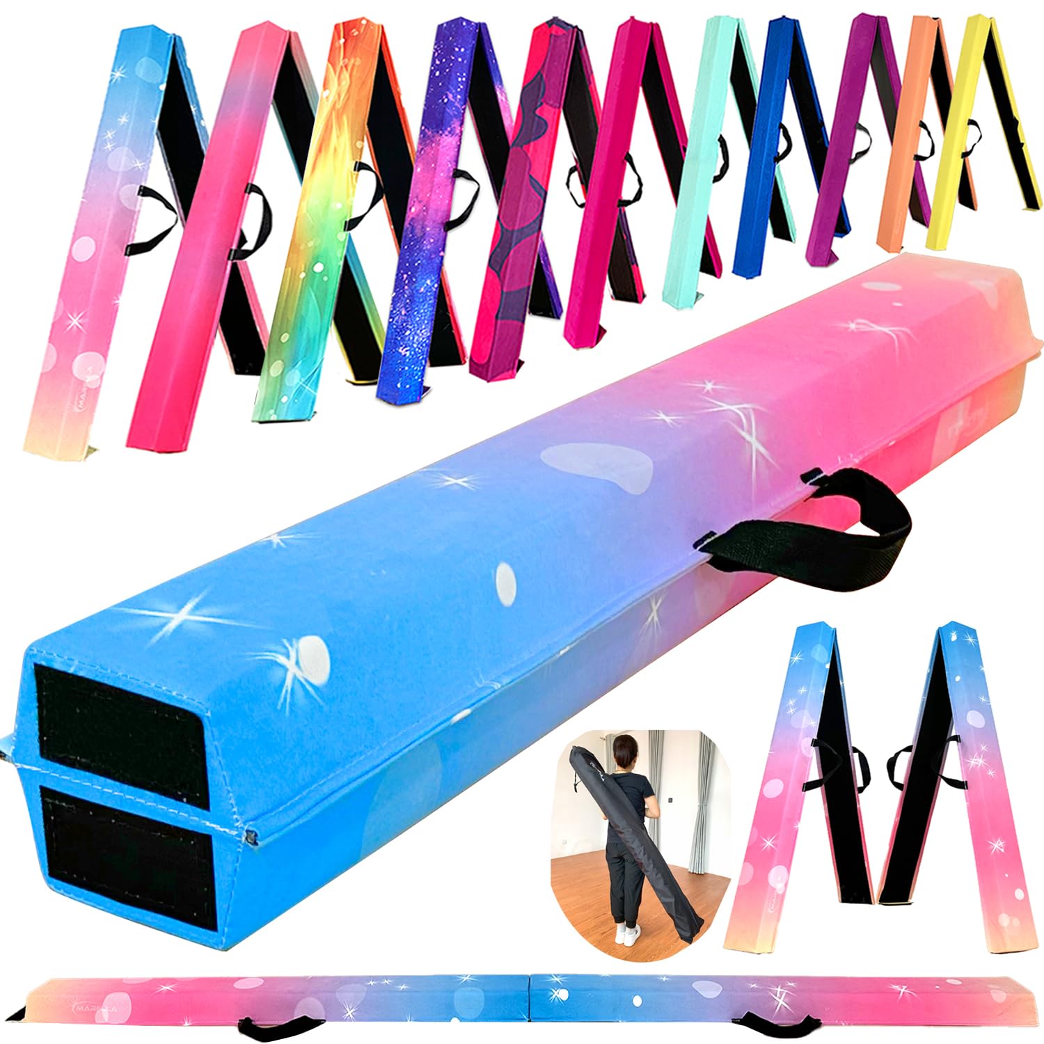 MARFULA 6 FT / 8 FT / 9 FT Folding Gymnastics Beam Foam Balance Floor Beam - Extra Firm - Suede Cover - Anti Slip Bottom with Carry Bag for Kids/