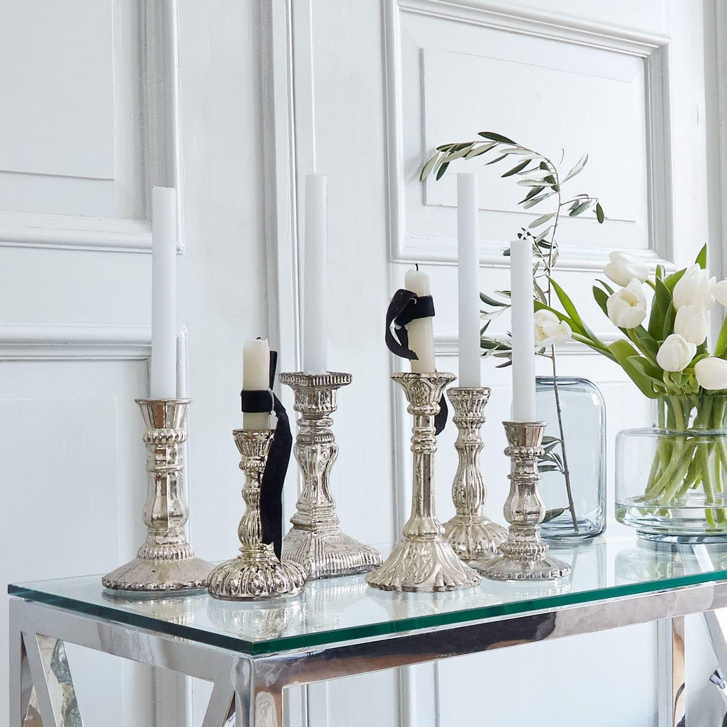 Loberon Kerzenständer 6er Set Adolpha – Romantisches Design, handgefertigt, Antiksilber, Shabby-Chic – Glas, antiksilber | Romantisches Design, handgefertigt, Antiksilber, Shabby-Chic, Glas