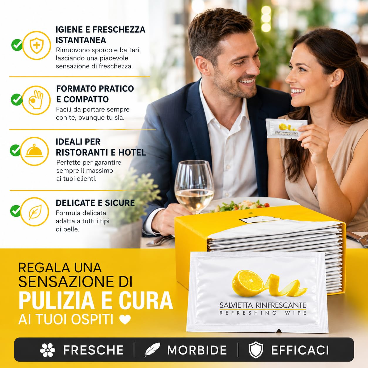 500 Salviette Umidificate Monouso Profumo (LIMONE) - Singolarmente Imbustate per Ristoranti, Hotel e Catering - Salviette Igienizzanti e Rinfrescanti per Mani e Viso
