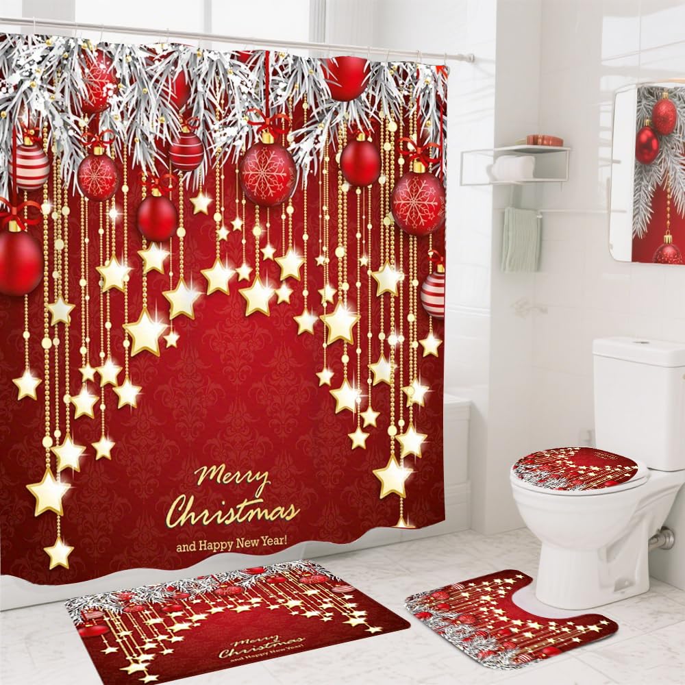Ensemble de Rideaux de Douche de Noël, 4 Ensembles de Salle de Bain Noël avec Rideau de Douche(180x180cm), Tapis Couvercle de Toilette, U-förmiger Badematte, Tapis-Sol sans Glissement