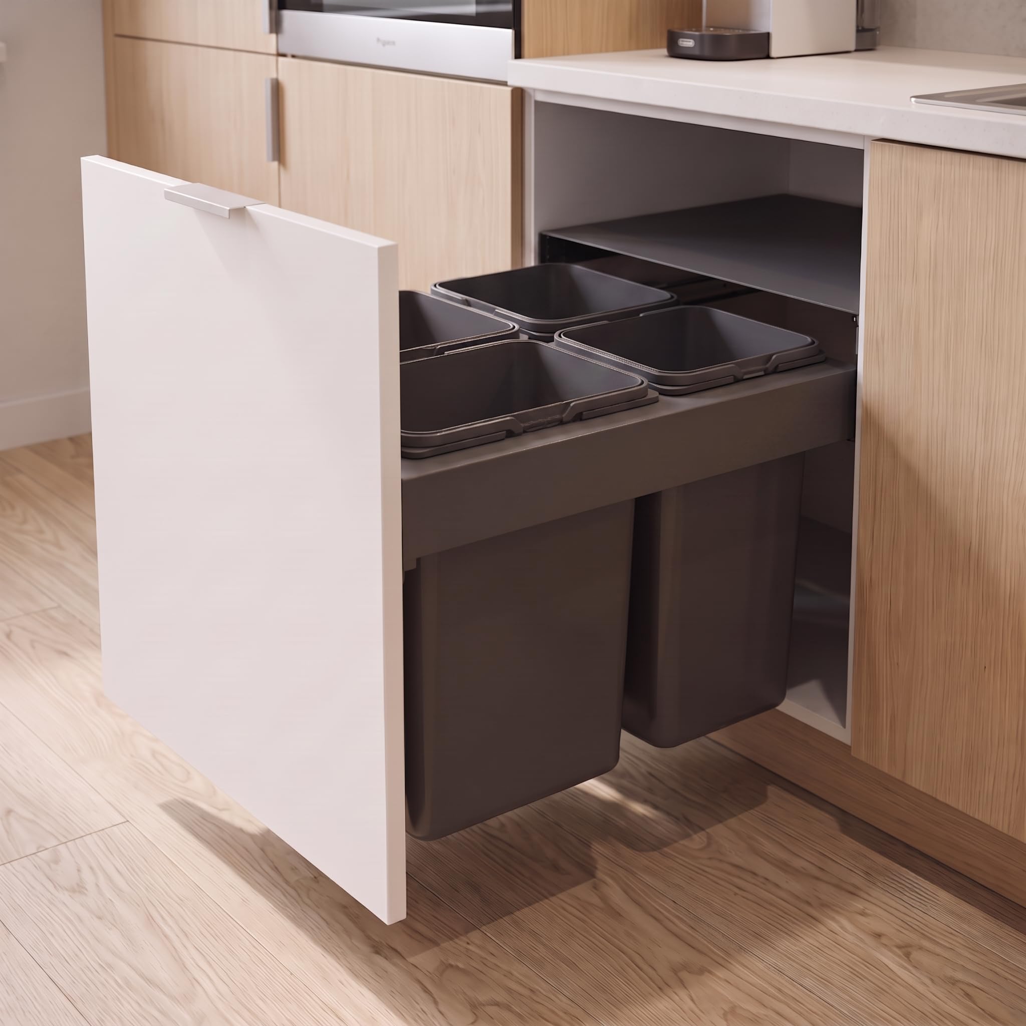 Einbau Mülleimer für 60 cm Küchenschrank 4 fach Abfallsystem 2x15L 2x7L Vollauszug Soft Close Metall Mülltrennung Frontmontage mit Ablage 56,4 x 48 x 32 cm