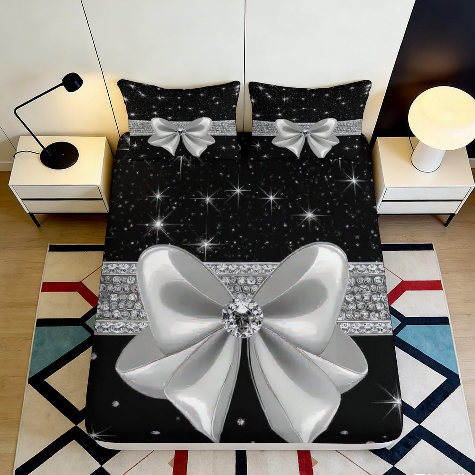 3D Printed Silver Bow Fitted Sheet Microfiber Soft Black Sparkle Ribbon Bed Cover for Bedroom Guest Room Decor 160x200x25cm