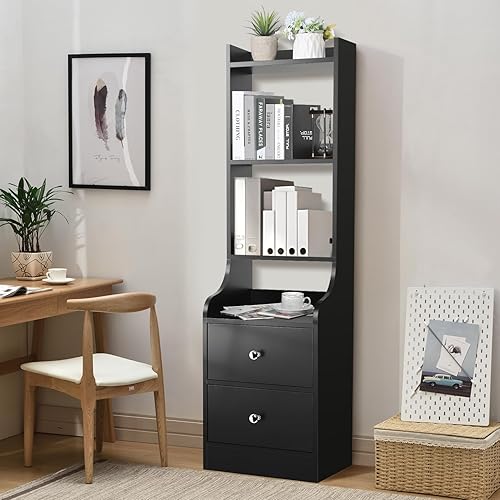 Miniatura 5 de Mesita de noche negra, mesa de noche moderna de 55 pulgadas con estantes abiertos de 4 niveles y 2 cajones, mesita de noche de madera con cajones