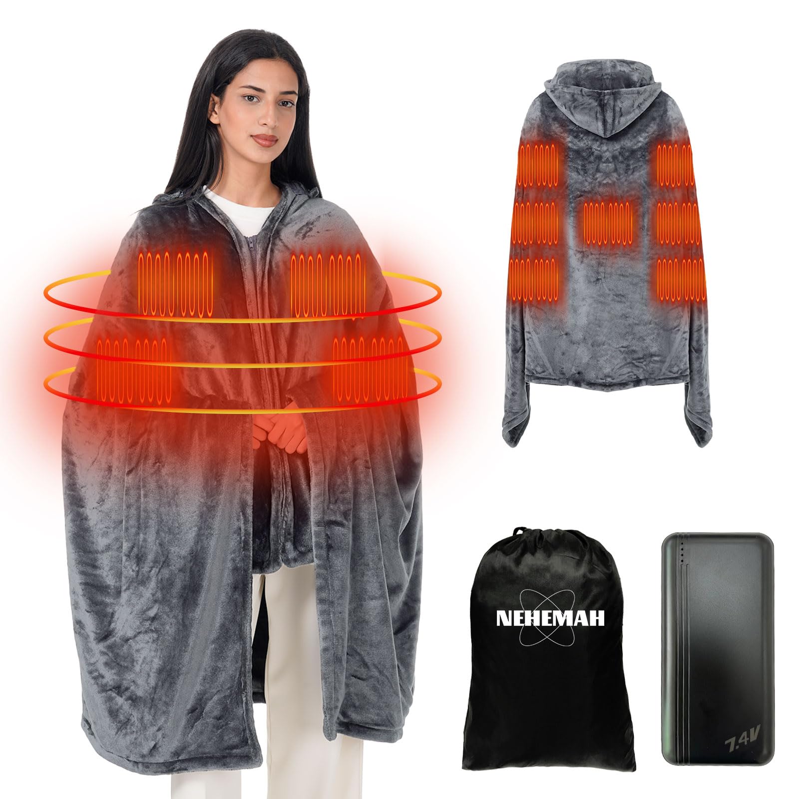 Heating Blanket with 20000mAh 22.2W Power Bank, 71''x 43'' Large Size for Big Man, 3 Heating Levels Portable Battery-Powered Blanket Shawl for Outdoors, 11 Quick Heating Zones Blanket/1-6H Timer