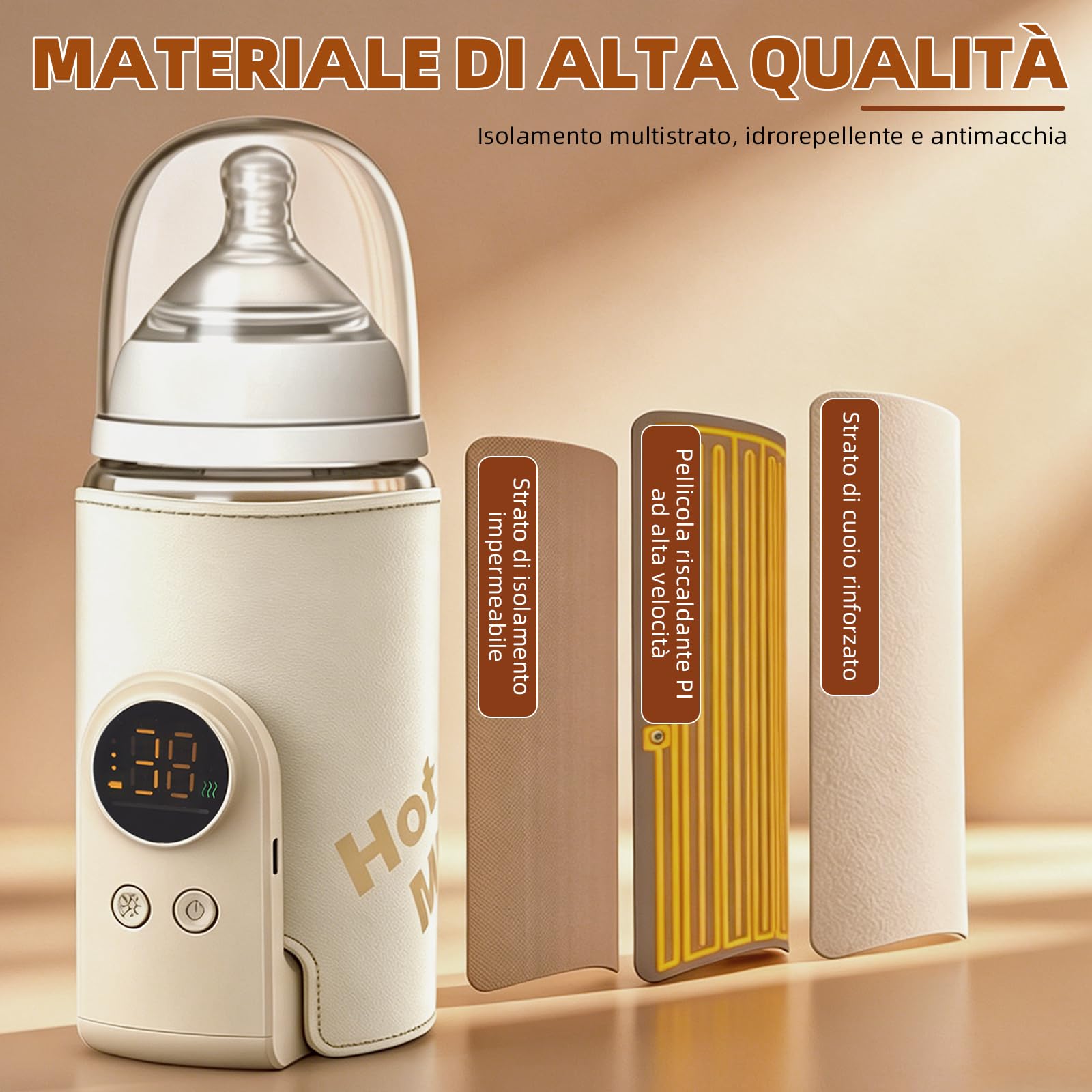 Scaldabiberon portatile con porta USB-C a 6 livelli di regolazione della temperatura (38-50°C), display LCD intelligente, ideale per riscaldare alimenti per neonati e alimenti per bambini. Un must per