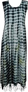 Mogul Interior Women's Green Tie Dye Maxi Dress Ruched Tassel Boho Beach Party Style Sleeveless M