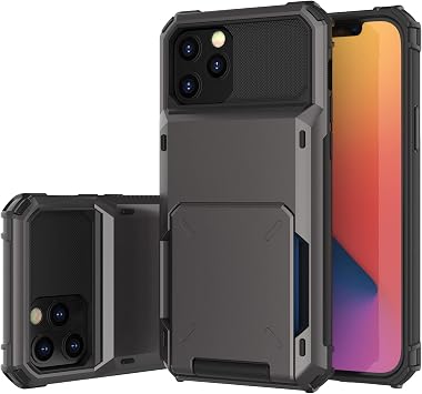for iPhone 13 Phone Case with Card Holder Slots Armor Shockproof Flip Wallet Case Hard PU Back Soft TPU Inner Bumper Cover for iPhone 13 Case, Grey