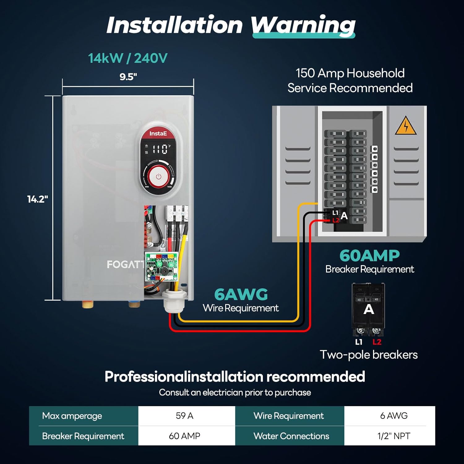 FOGATTI 14kW Tankless Water Heater Electric, 240 Volt On Demand Instant Hot Water Heater, ETL Certified, Up to 3.3 GPM for 1-2 Point of Use