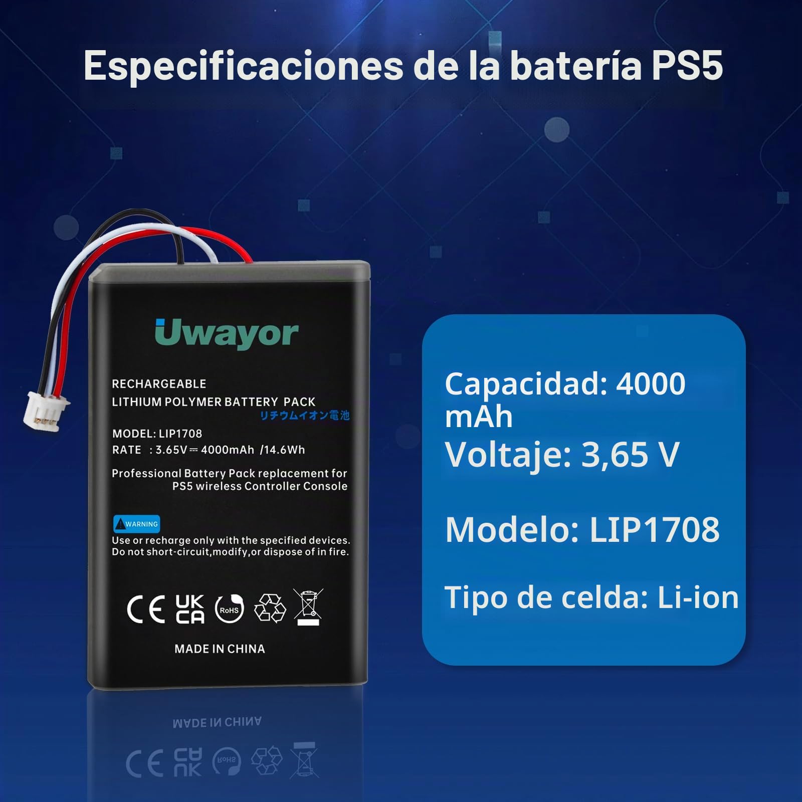 2 baterías de 4000 mAh para mando PS5, LIP1708, repuesto para Sony PlayStation 5 DualSense CFI-ZCT1W Wireless Control