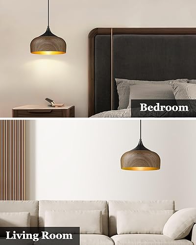 Miniatura 6 de ELYONA Lámpara colgante moderna de madera de nogal con patrón de cúpula colgante de metal negro mate, acabado interior dorado, iluminación colgante