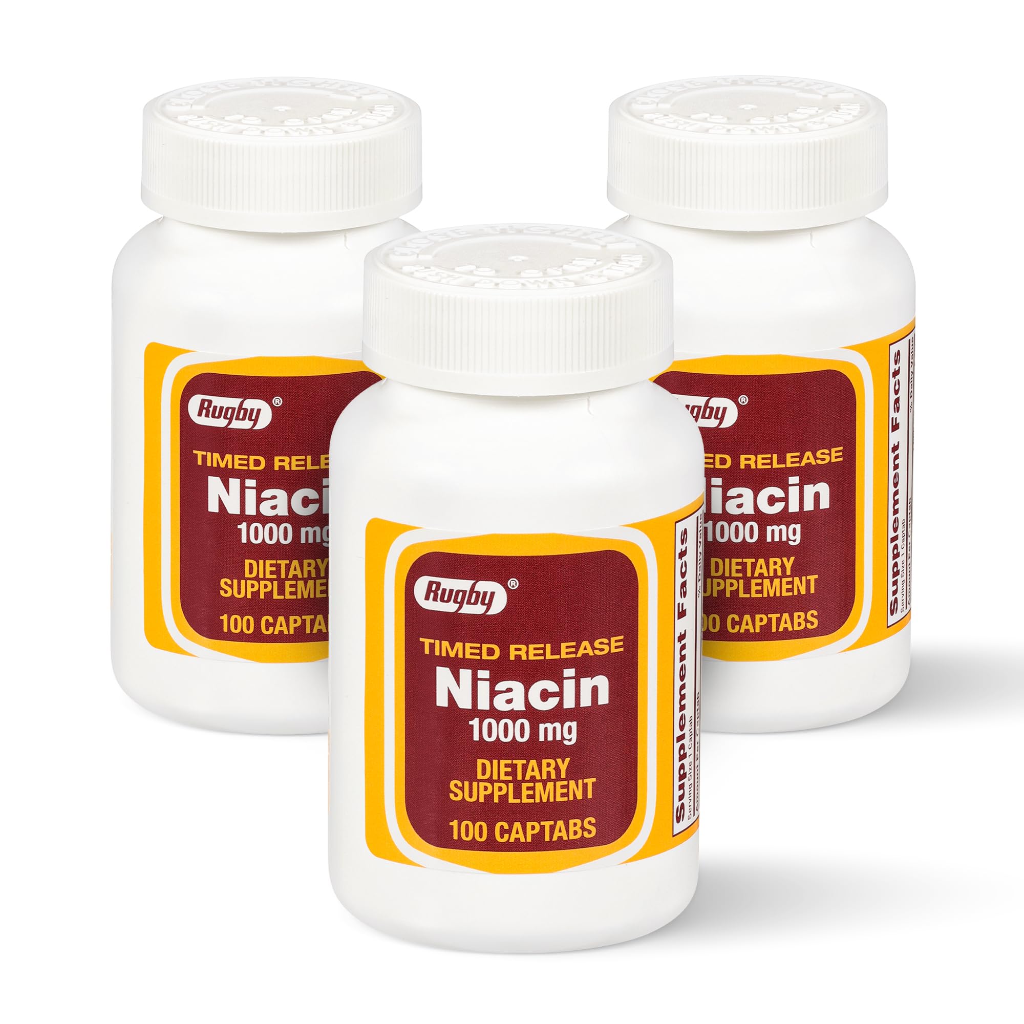 Rugby Timed-Release Niacin 1000mg Dietary Supplement for Adults for Energy, Circulation and Metabolism Support, 100 Captabs (Pack of 3)