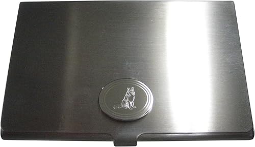 Kiola Designs Tarjetero ovalado grabado en tono plateado para perros Border Collie, P, Tarjetero