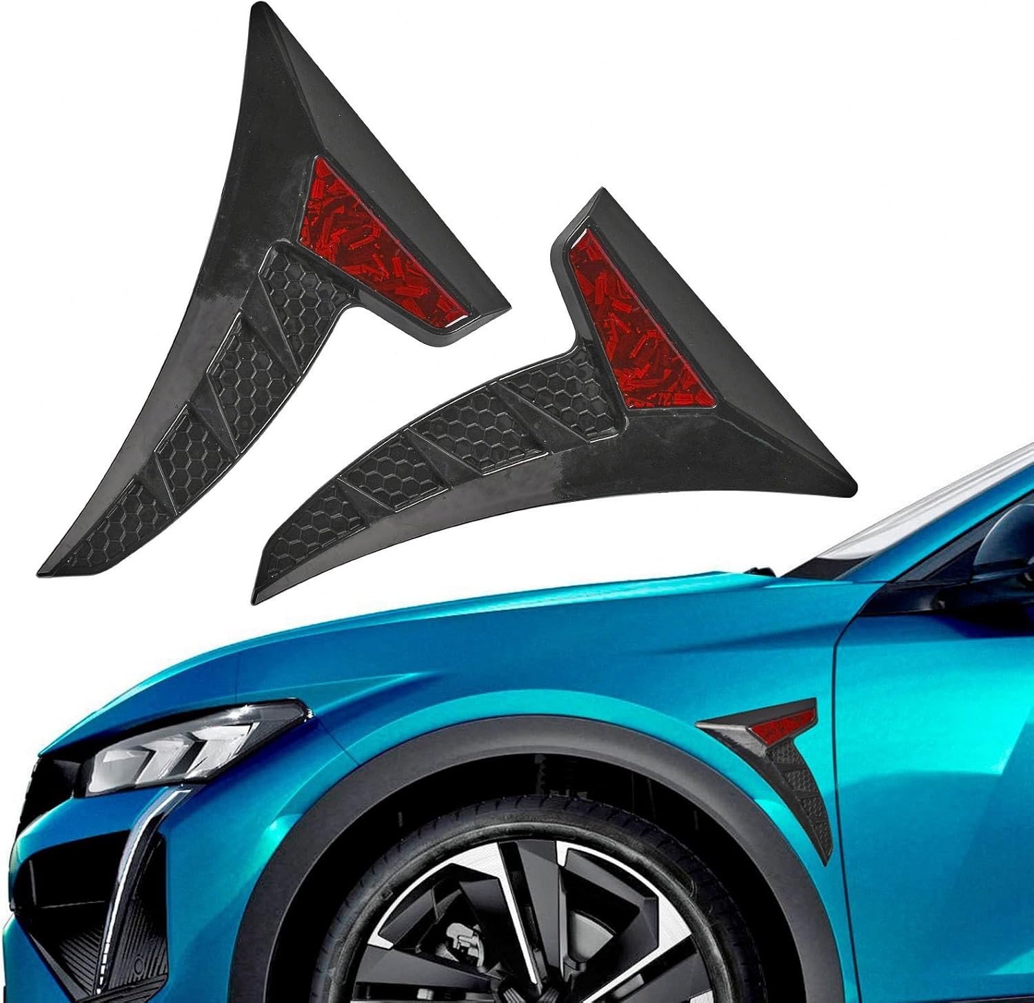 XhuangTech Car Fender Side Vent Stickers, 2PCS Carbon Fiber Air Vent Trim Cover, Hood Side Outlet Air Flow Spoiler Decorative Exterior Accessories, Glossy Black Shark Fin Intake Hole Grille (Red)