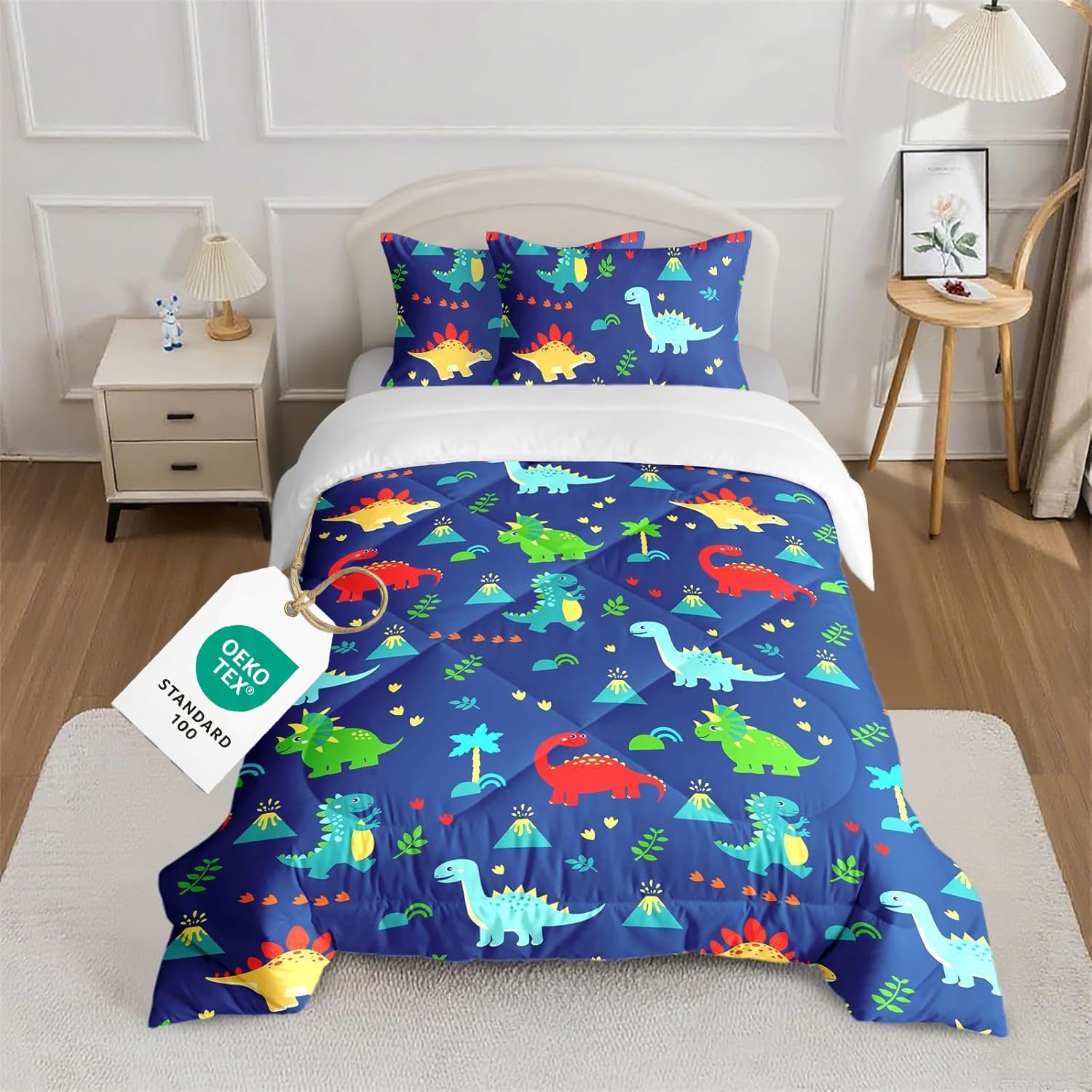 Blaue Dinosaurier-Bettdecke für Jungen/Kinder/Kleinkinder, inklusive 1 Bettdecke 120 x 150 cm und 1 Kissenbezüge 40 x 60 cm, deckenlose Steppdecke mit Dinosaurier- und Baum-3D-Muster, 100% Mikrofaser