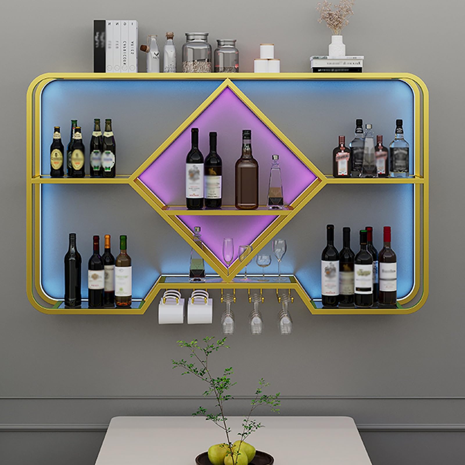 Etagere Rangement Porte-Bouteille Mural Métal - Casier à Vin 2 Étages Avec Porte-Verres - Style Rustique 55cm Cave à Vin Murale Design