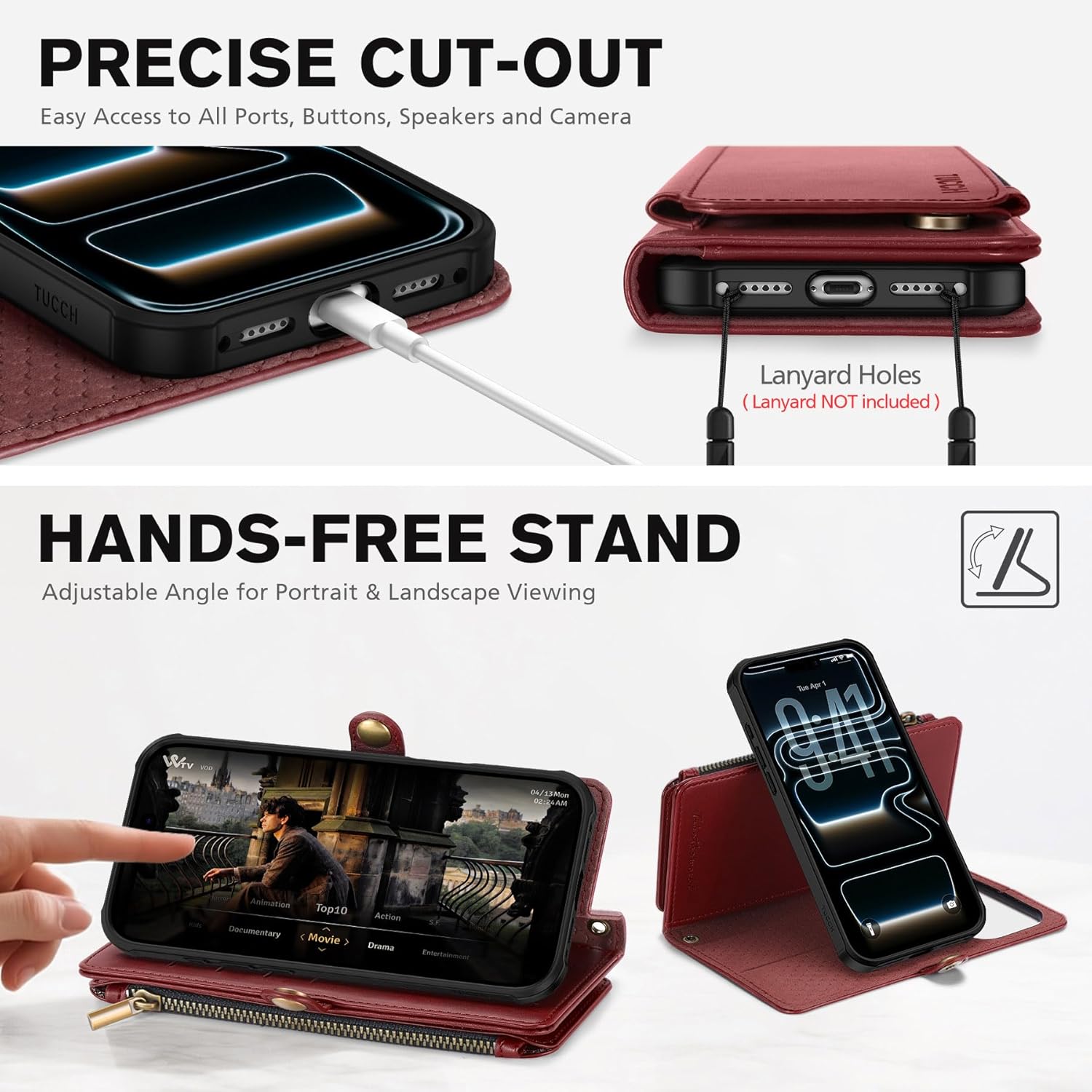 TUCCH Detachable Crossbody Case Wallet for iPhone 17 Pro Max 6.9", Wireless Charging | RFID Blocking 10 Card Holder | Lanyard Wrist Strap | Stand | Zipper Pocket | PU Leather Magnetic Cover | Dark Red
