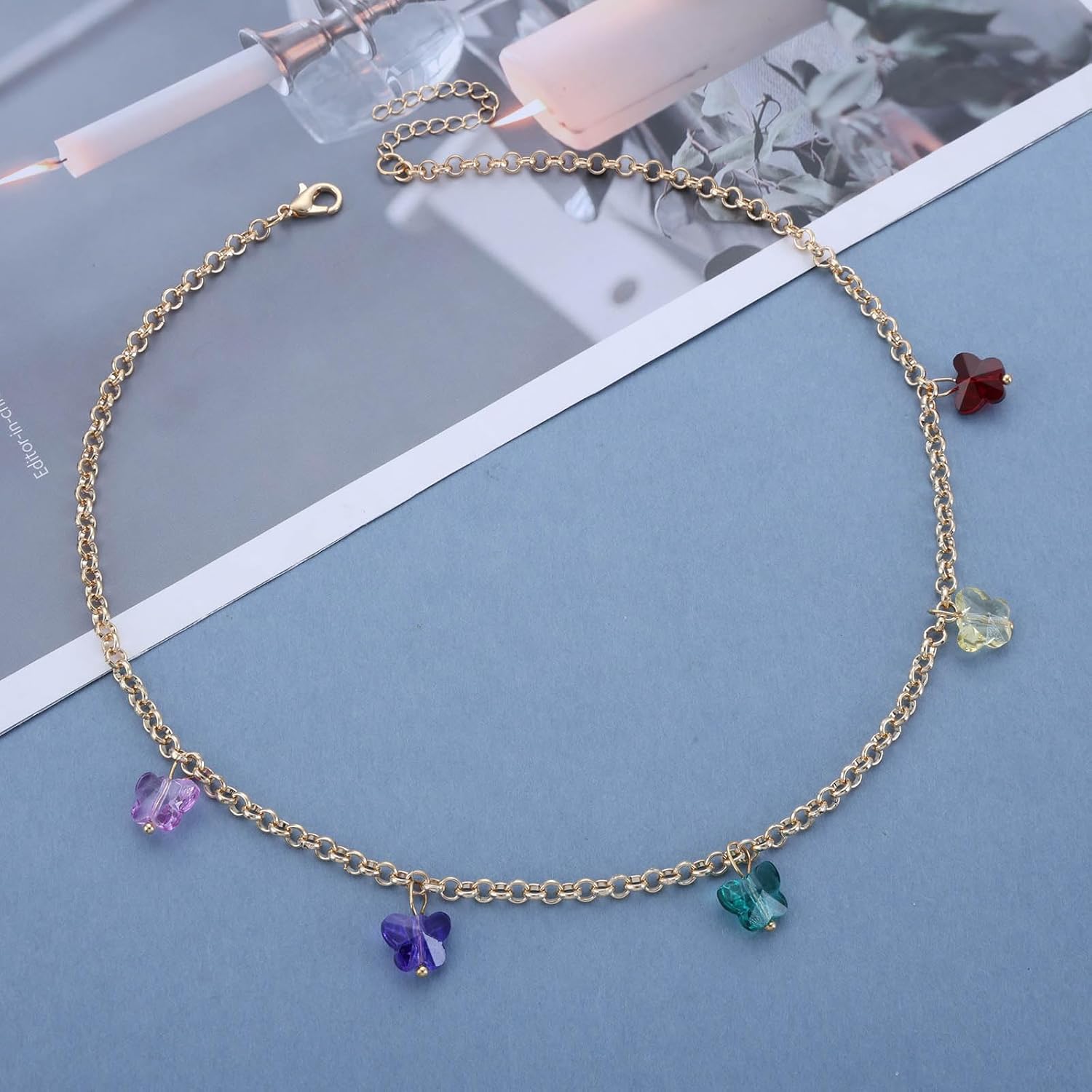 Bohemian Rainbow Butterfly Choker Necklace Colorful Acrylic Butterfly Pendant Necklace Gold Butterfly Collar Necklace Minimalist Butterfly Chain Necklace Jewelry for Women - Image 3