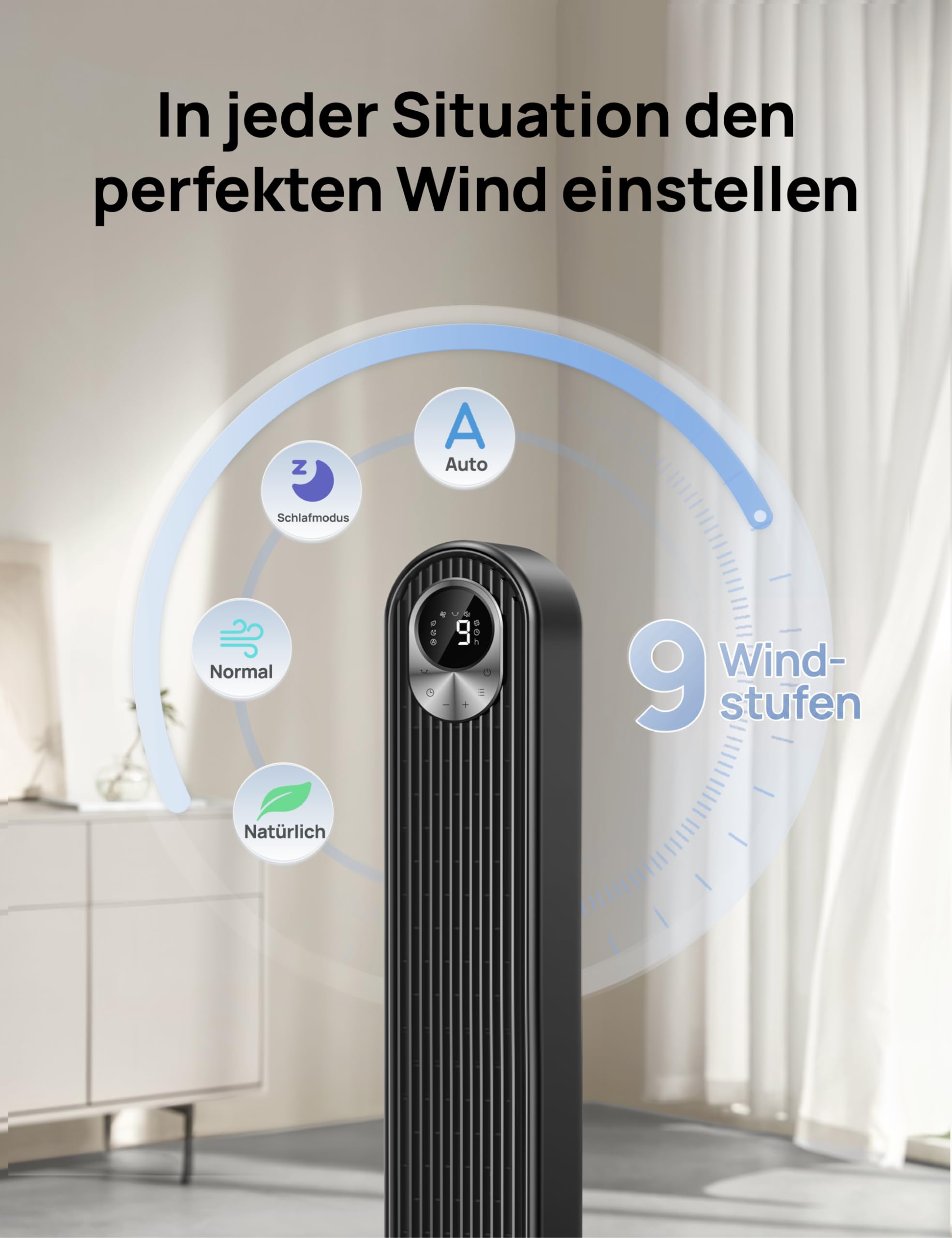 DREO DC Motor Turmventilator Leiser, 11M Windentfernung, 9 Stufen 4 Modi, 90° Oszillierender Standventilator mit Fernbedienung, 12H Timer
