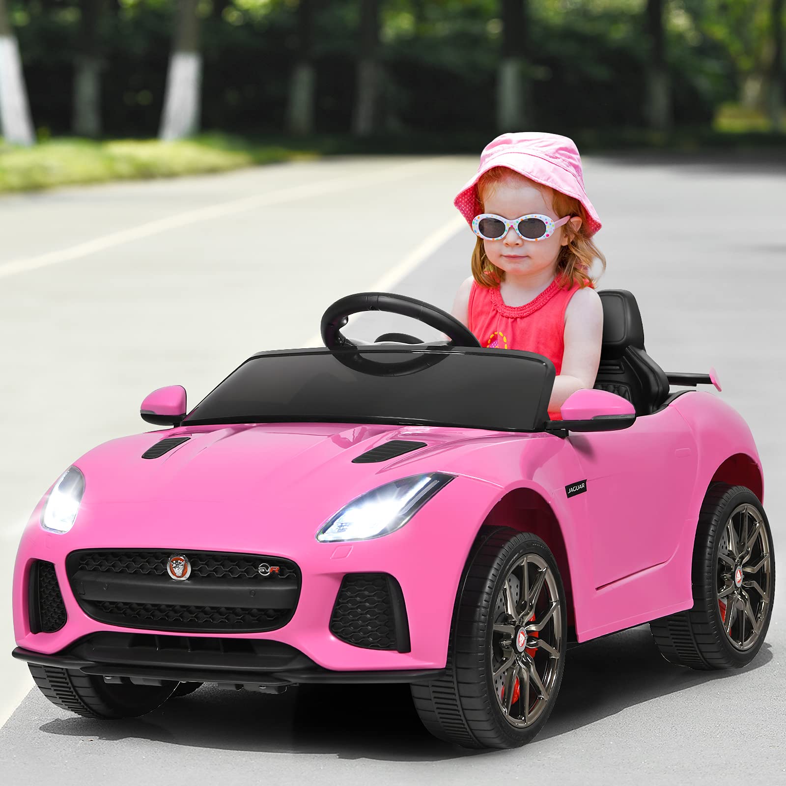 COSTWAY Jaguar Elektro Kinderauto mit Geschichten & Musik & Hupe & Scheinwerfer, 12V Kinderfahrzeug mit 2,4G Fernbedienung, Elektroauto 3-5km/h für Kinder ab 3 Jahre (Rosa)