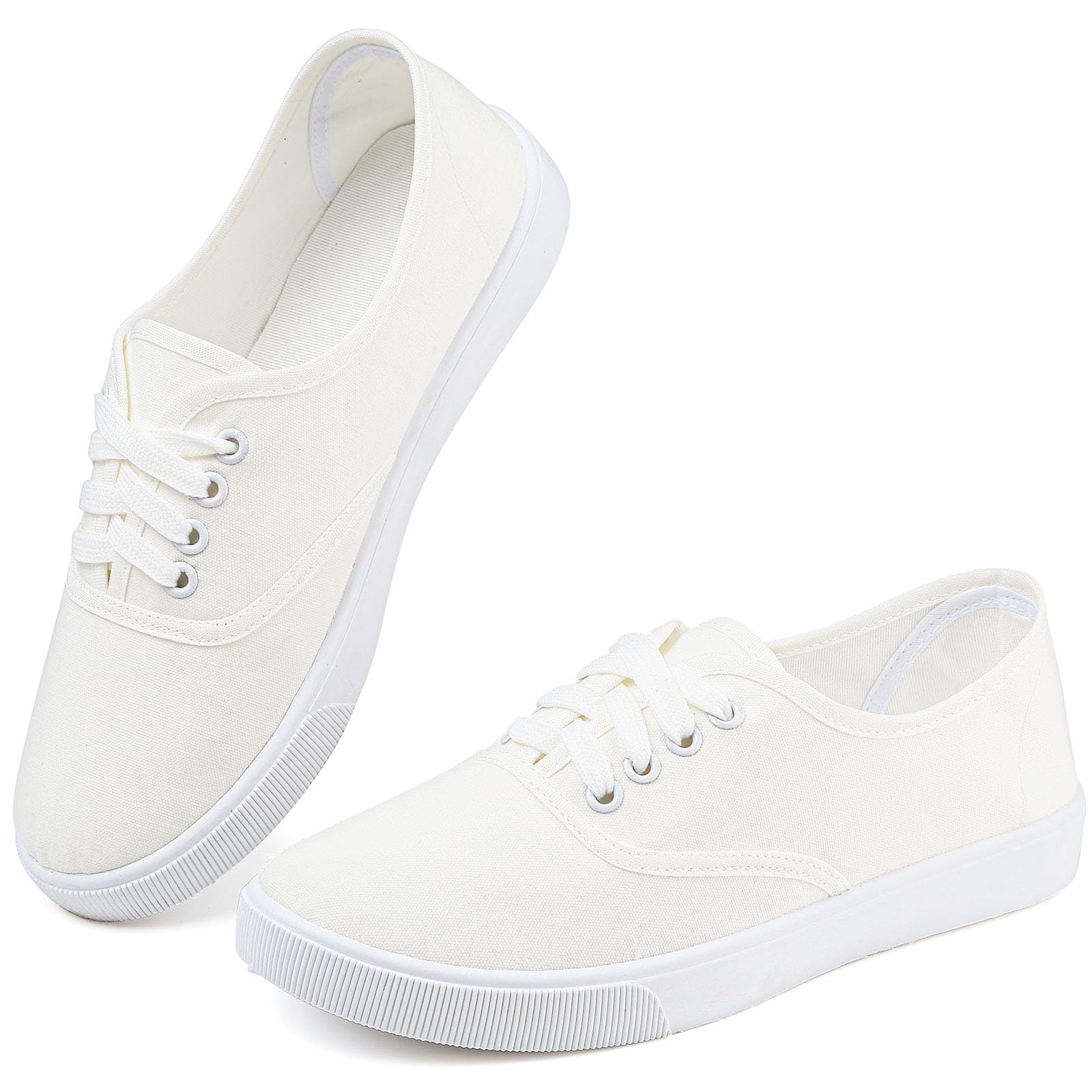 Womens White Canvas Sneakers Lightweight Lace Up Fashion Comfortable Canvas Shoes Low Top Slip On Casual Tennis Walking Shoes Women Footwear