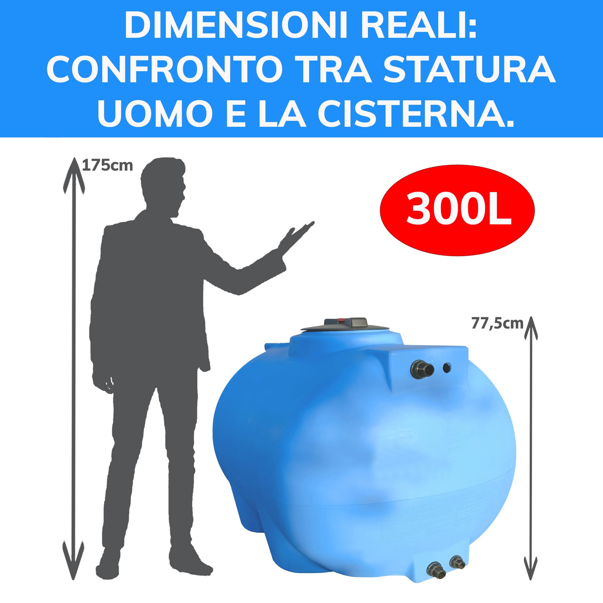 ESTO Serbatoio Acqua per Acqua Potabile 300L - 500 L, Cisterna Blu in Polietilene per Uso Esterno Predisposizione Rubinetto, Resistente Made in Italy Atossico (300 Litri)