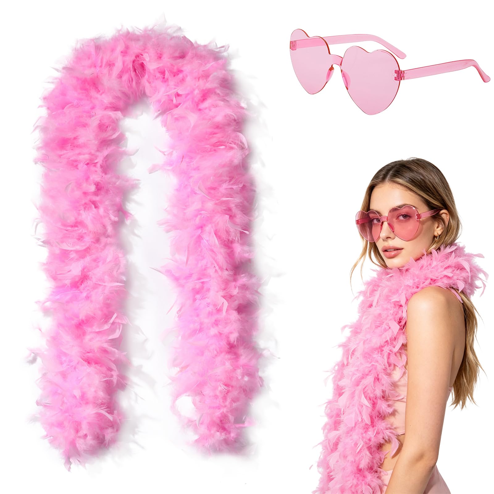 2M Boa Plume avec Lunettes en Forme de Cœur Sans Monture, Boa Rose de Dinde, Boa de Plumes, Châle en Plumes pour Déguisement, Fête à Thème, Carnaval, Cosplay, Mariage, Danse