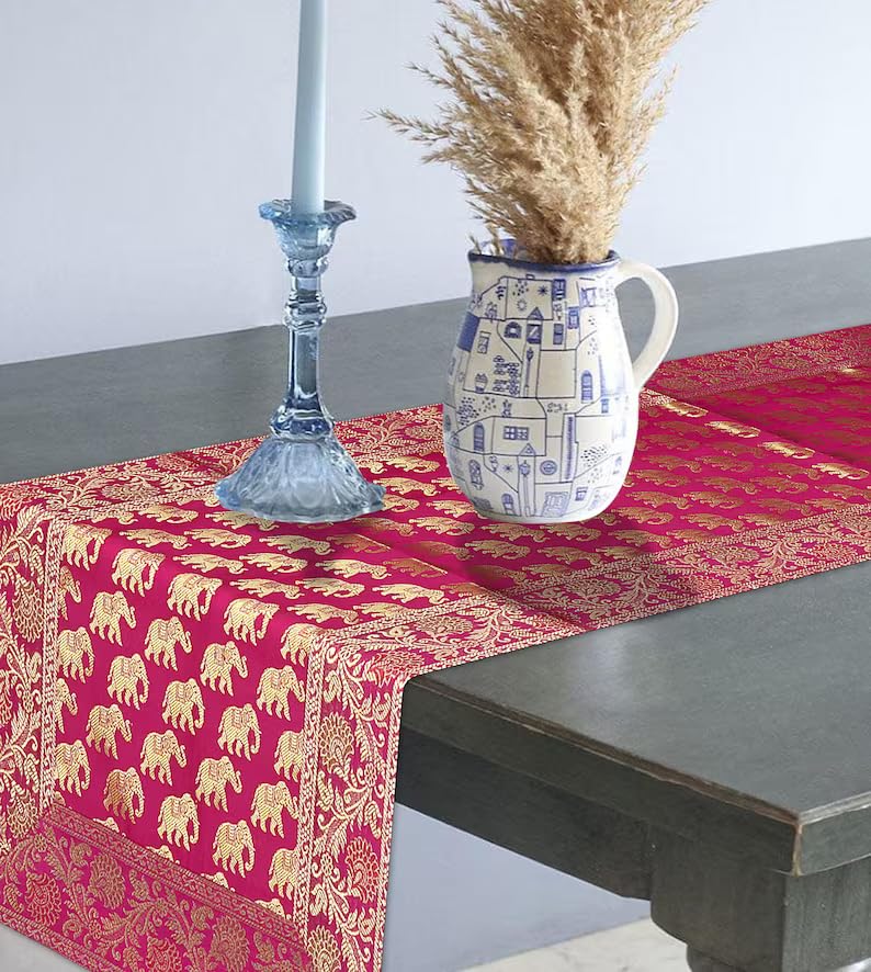 Image of Living Room Decor Handmade Banarasi Silk Table Runner for Center /Dining Table (16 x 60 Inches) (Heavy Zari Brocade ) (Pink)