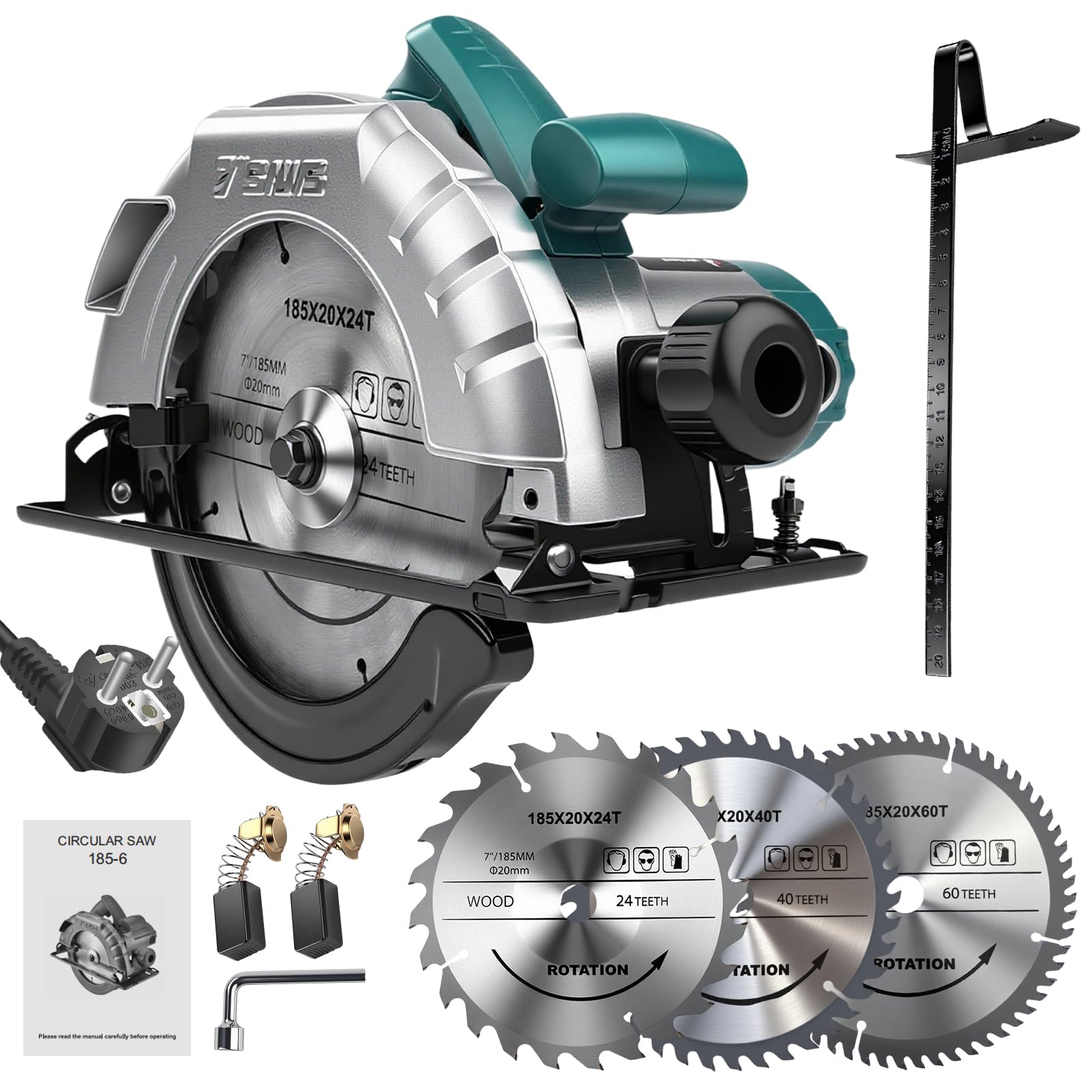 Sega Circolare 1200W con Guida, Sega Circolare per Legno 5200RPM, 3 Lame Ø: 185mm (24T+40T+60T), Profondità di Taglio Max. 60mm (90°), 45mm (45°), Interruttore di Sicurezza, Cavo da 2m per Legno, PVC
