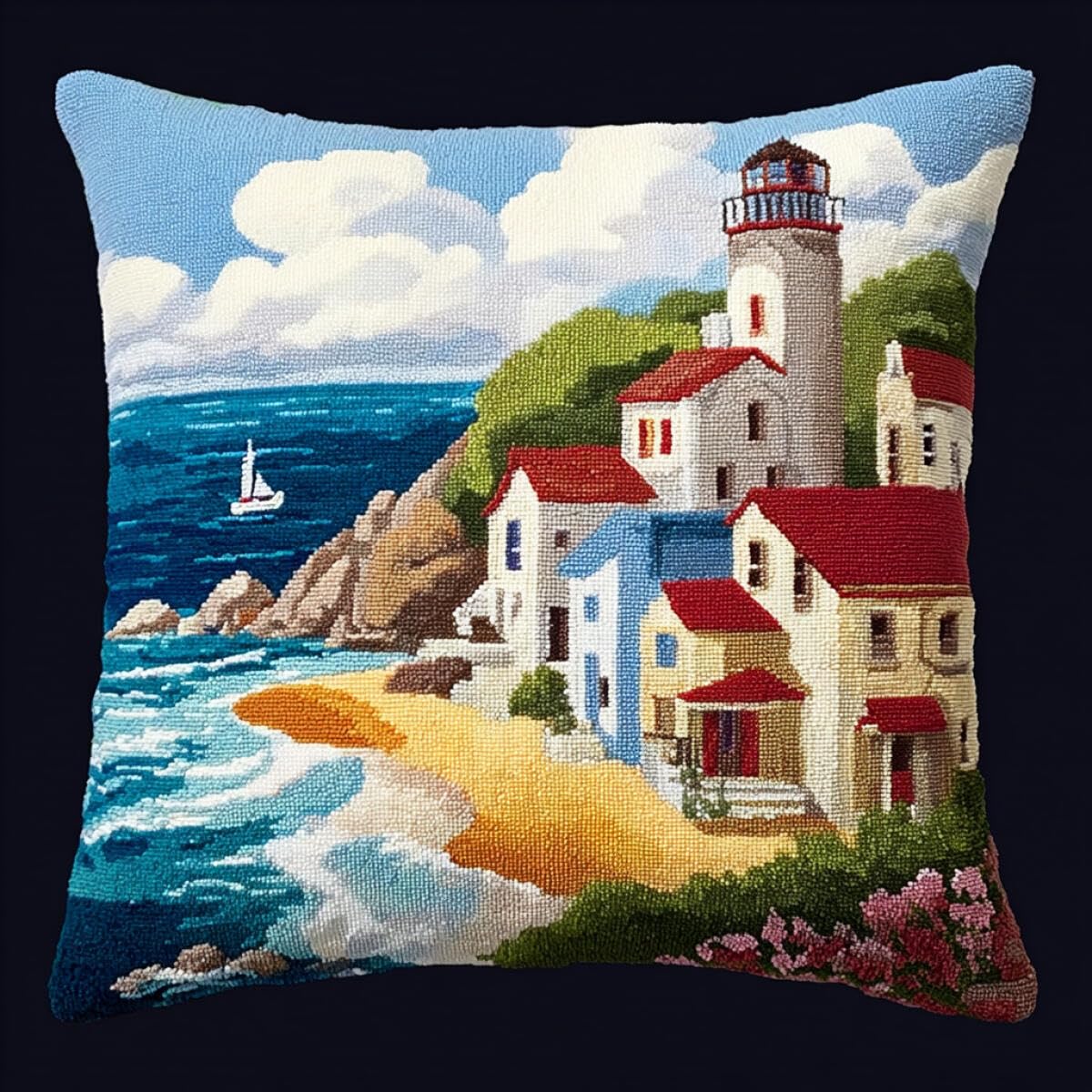 Kitquiver Needlepoint Pillow Kit Seaside Town Scenery DIY Tapestry Throw Pillow Cover Needlepoint Cushion Kits for Home Décor Needlework Kit for Beginners 43x43cm