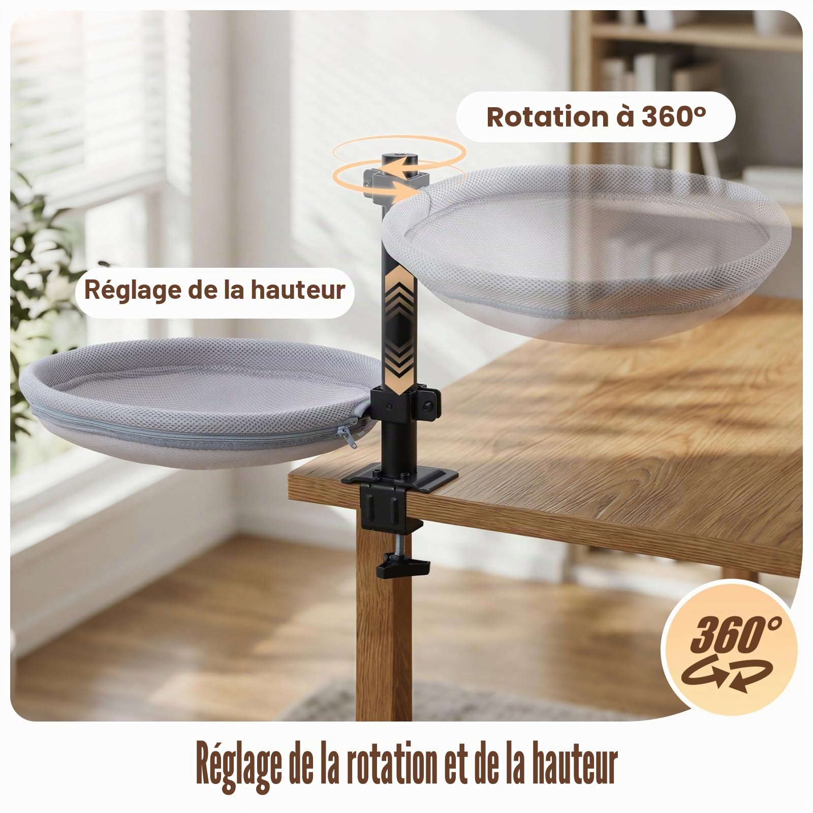 Lit de Bureau pour Chat, nid de Bureau pivotant à 360° et réglable en Hauteur avec Balle Suspendue Interactive, hamac pour Chat avec Housse Lavable pour Bureau à Domicile, supporte jusqu'à 40 lbs