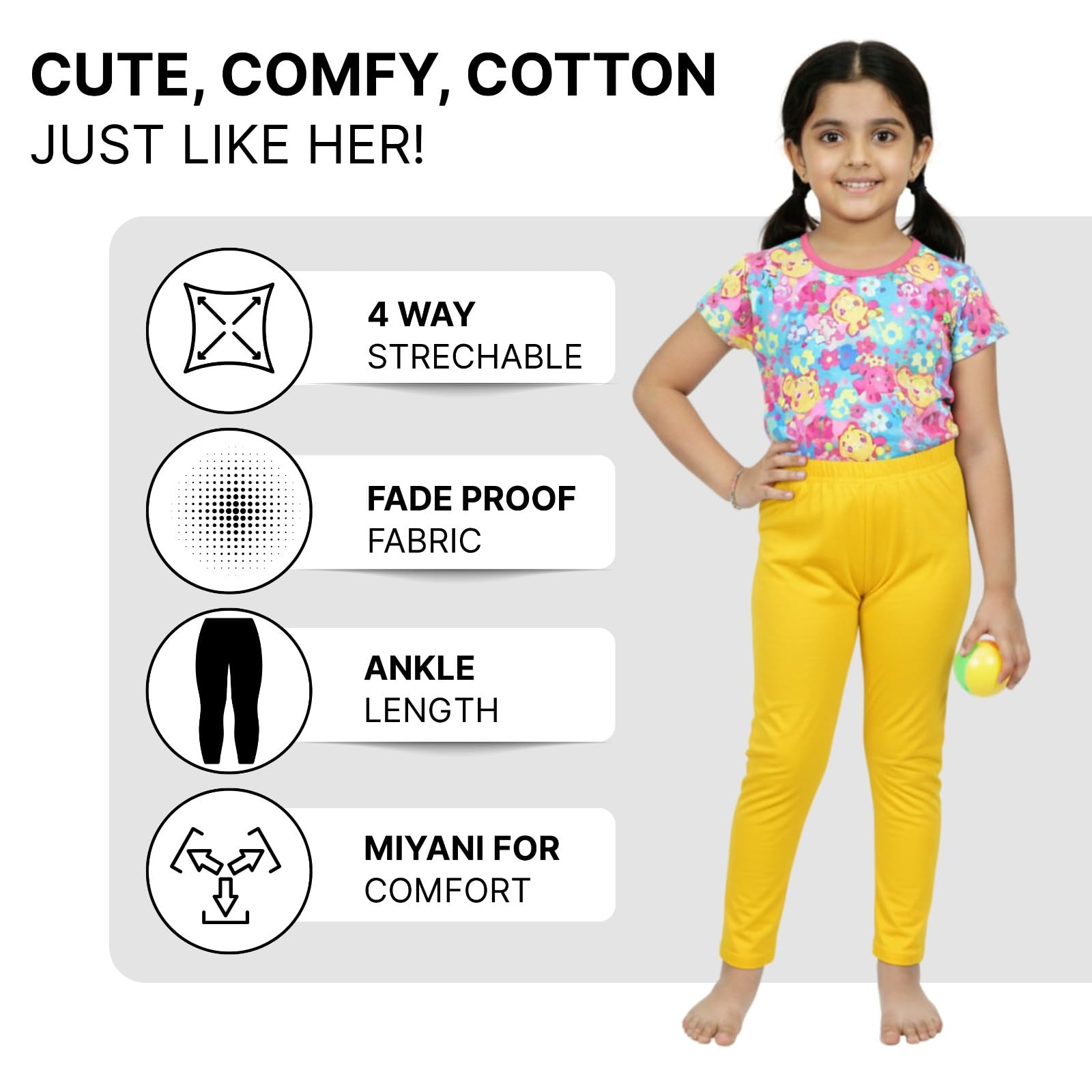 comfycute Cotton Leggings for Girls | Soft Stretchable Plain Ankle Length Bottoms for Kids | Non-Transparent Fabric | Comfortable Regular Fit Daily Leggings for All Day Use | 10-11 Yr Yellow - Image 5 thumbnail