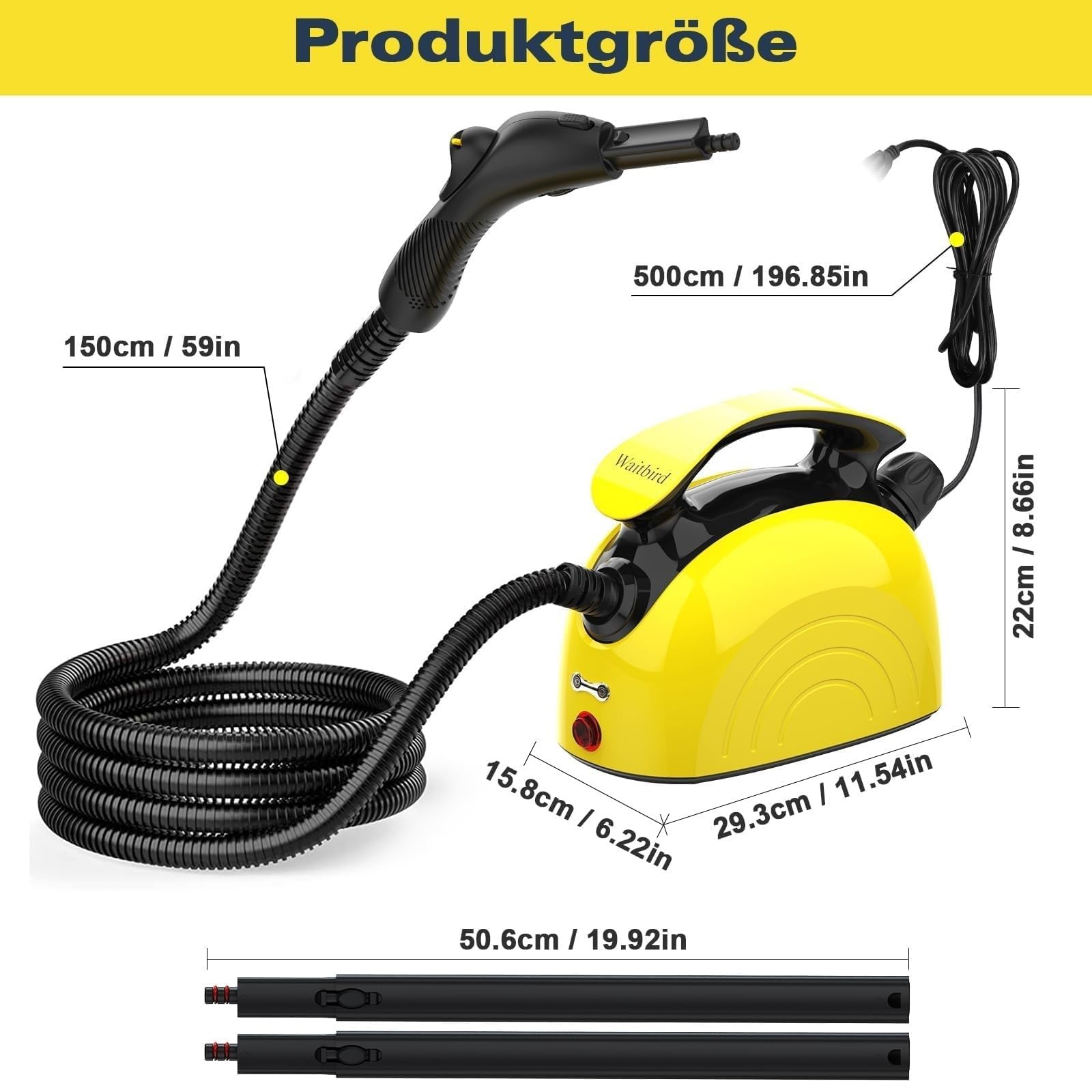Waitbird Dampfreiniger, multifunktionaler Haushalts-Reiniger, 4.5 Bar Hochdruck & 120°C, 1500W, 5 Min Schnellaufheizung, 1100ML Tank, 21-teiliges Zubehör, für Fußboden, Sofa, Polster, Fenster
