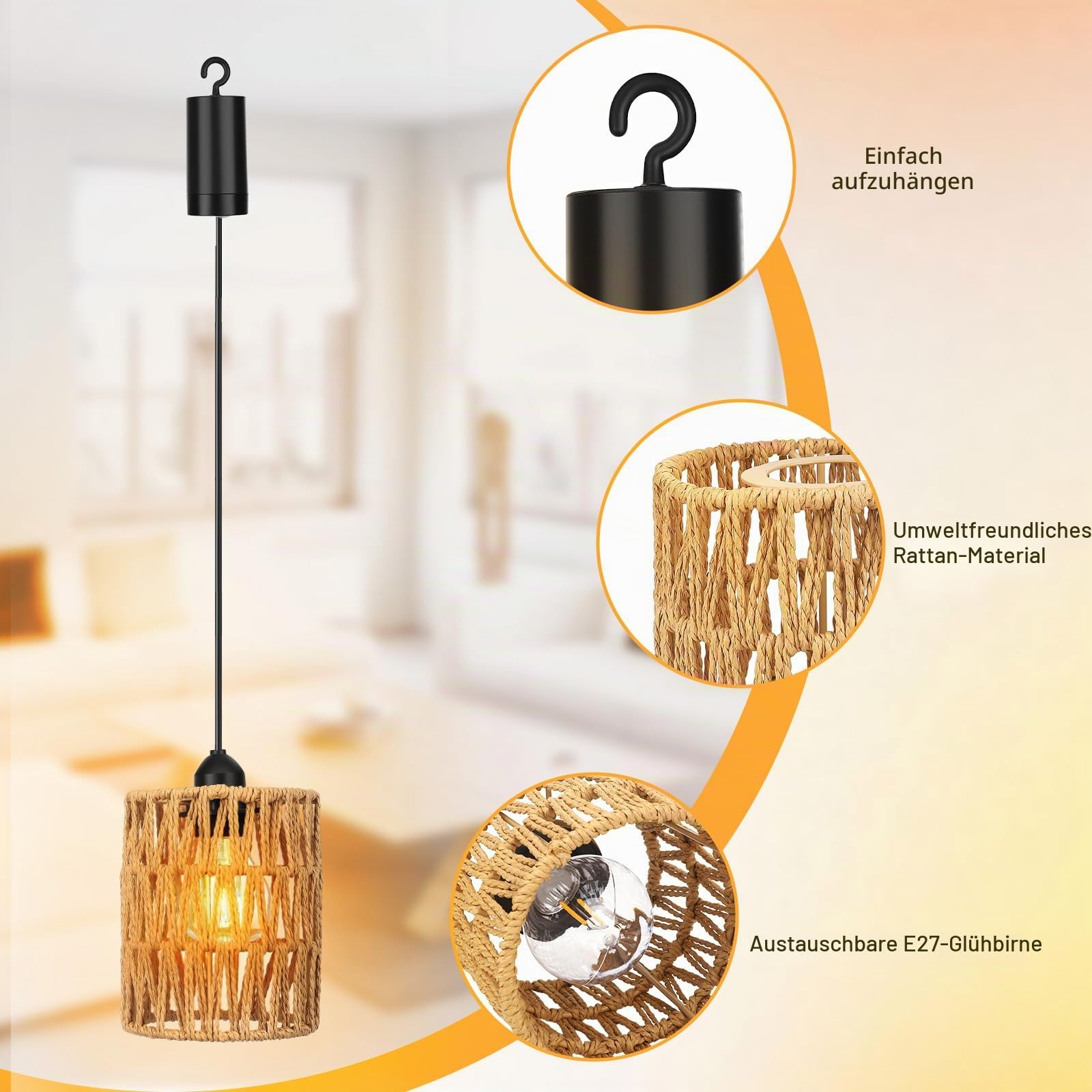 3er Set Hängelampen mit Fernbedienung - Dimmbare Rattan Pendelleuchte IP44 Wasserdicht - Boho Hängeleuchte für Garten, Terrasse, Wohnzimmer - Innen & Außen ohne Stromanschluss - Batteriebetrieben