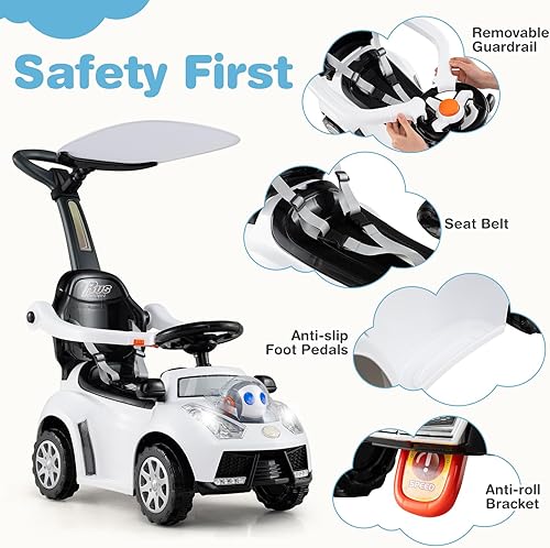 Miniatura 5 de Costzon Coche de empuje para niños pequeños, cochecito 3 en 1, auto deslizante para caminar con asa, toldo, cinturón de seguridad, bocina, música y