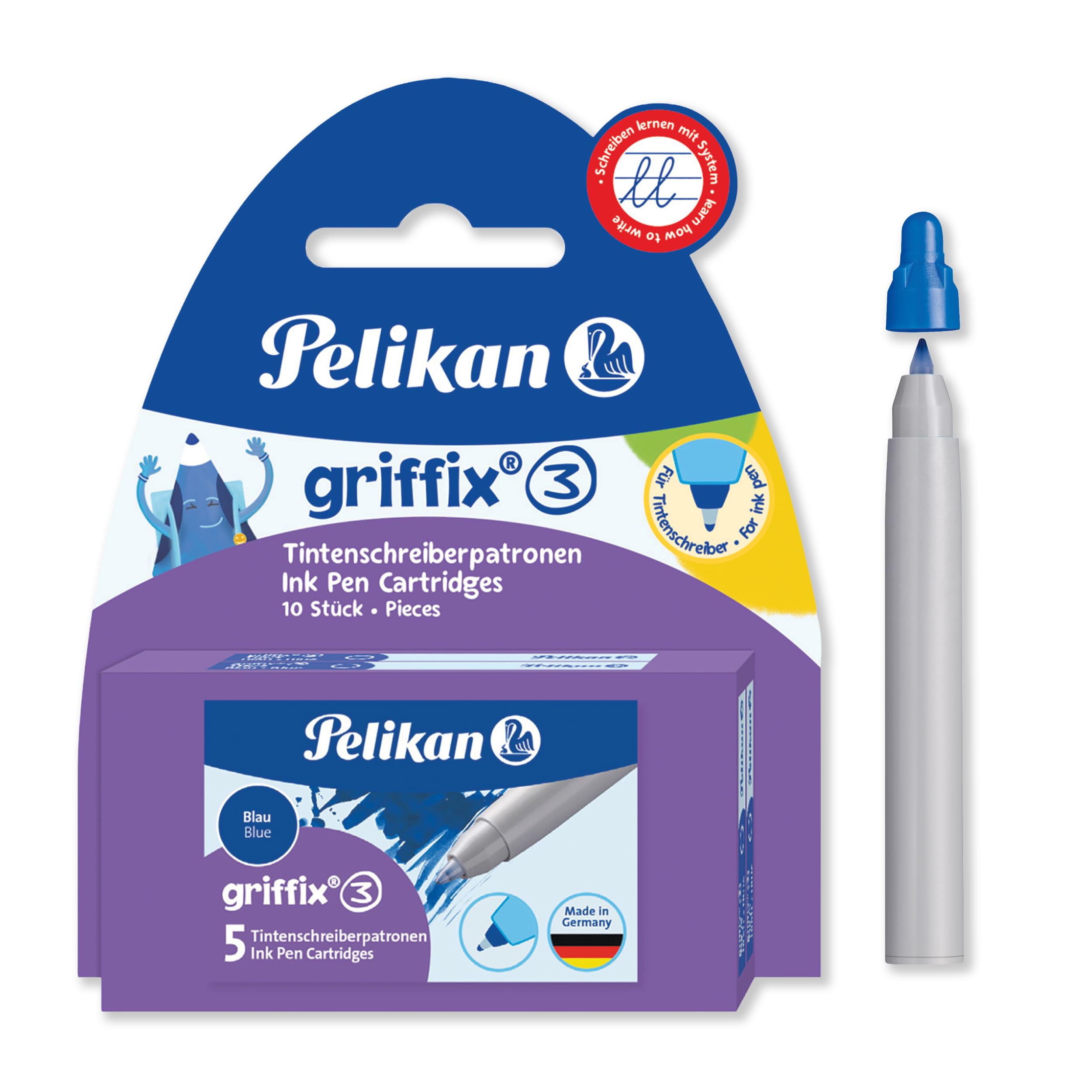 Pelikan Griffix Ink Cartridge Refills, Blue, Washable & Erasable Ink, 10 Pack (2 x 5), Compatible with Griffix & Twist Pens