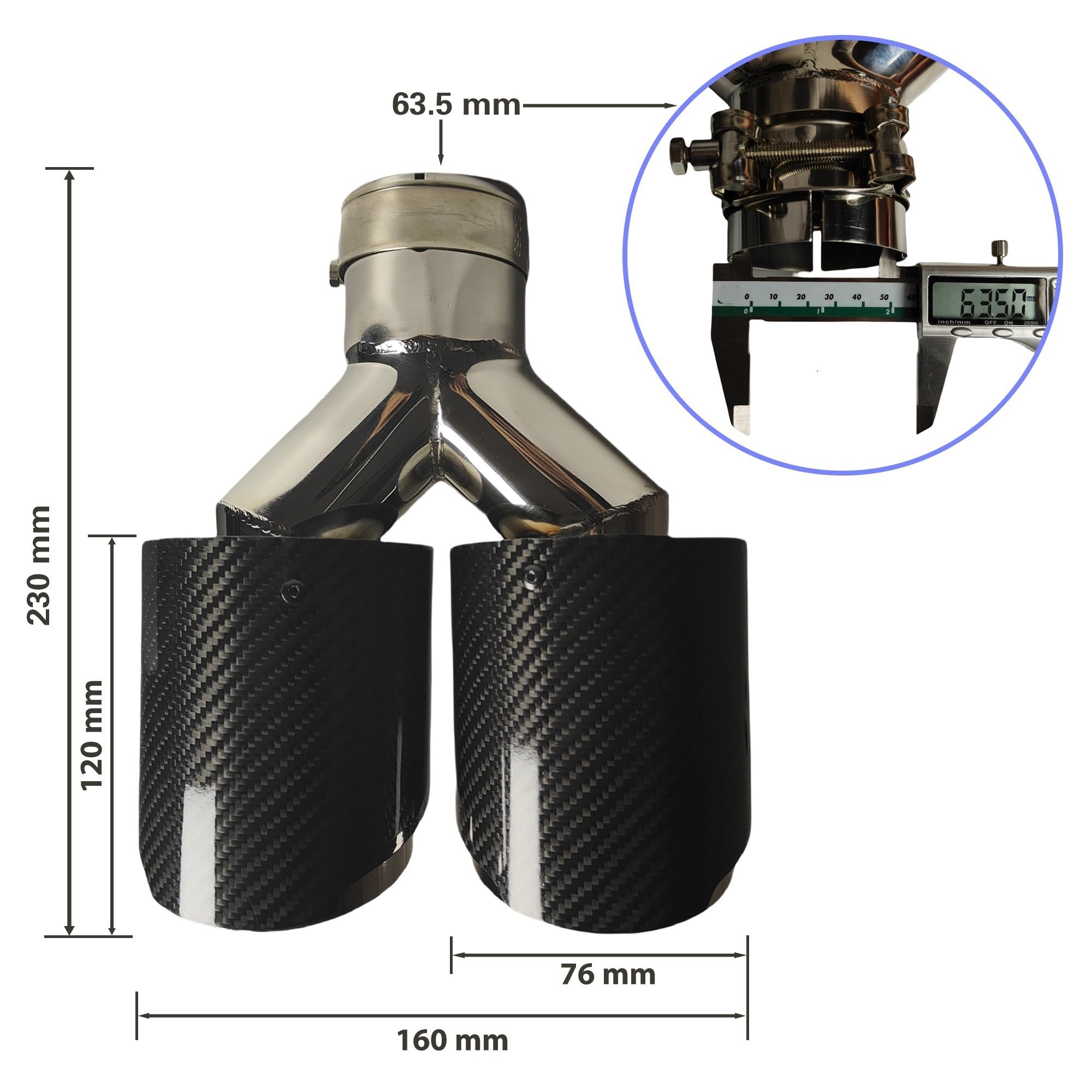Car Silencer 1 szt. tłumik tylny z włókna węglowego tej samej długości polerowanie w kształcie litery Y podwójne skośne błyszczące końcówki rury wydechowej(51mm-76mm)