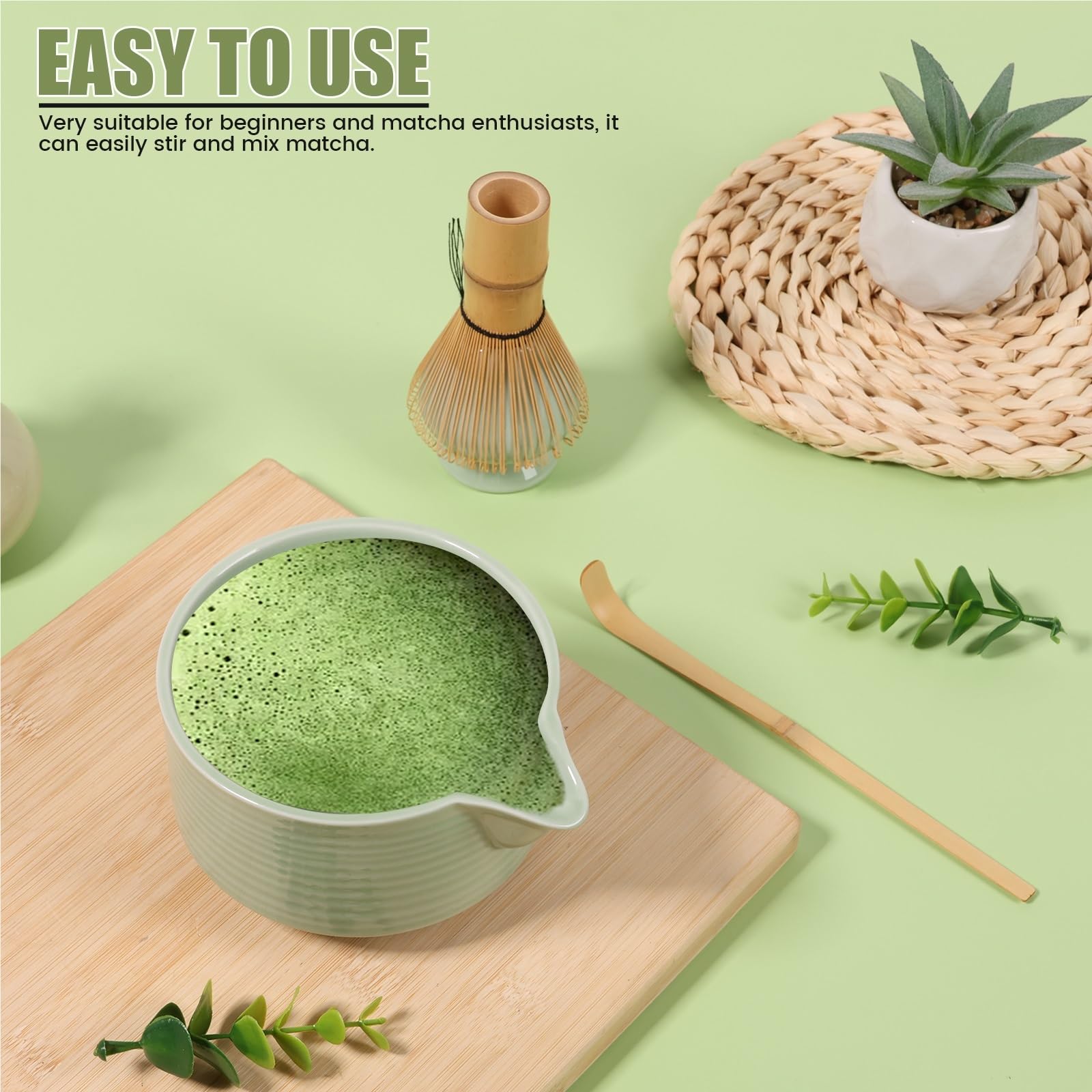 Juego de 4 herramientas for preparar té matcha, batidor de matcha, con cuchara, soporte y cuenco for principiantes y entusiastas. Juego de Té Matcha(White)