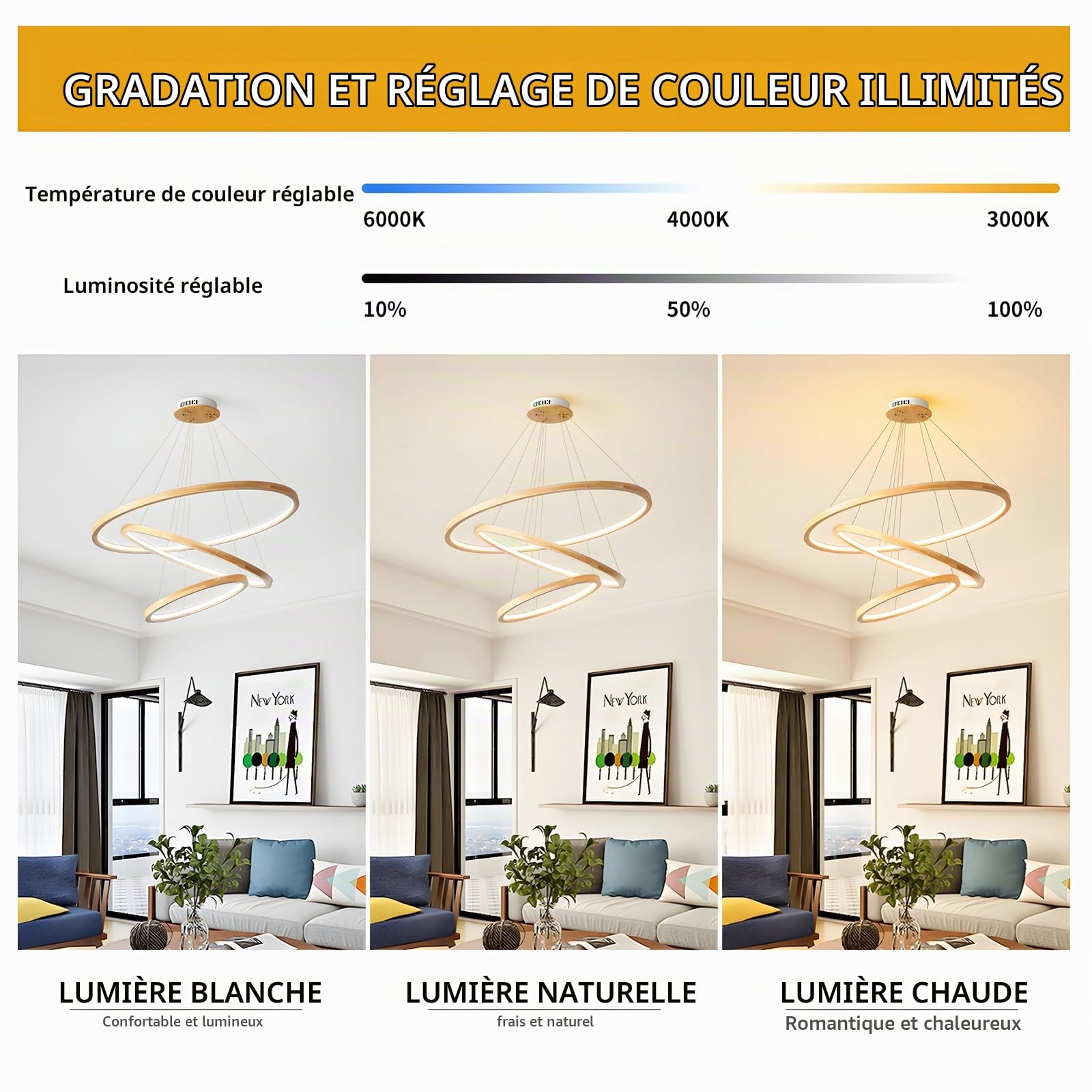 Lustres LED En Bois Plafonnier, Luminaire En Bois À 3 Anneaux À Intensité Variable, Lampe À Suspension Circulaire Réglable, Îlot De Cuisine Salle À Manger Salon Hall D'Entrée 【20+40+60cm】