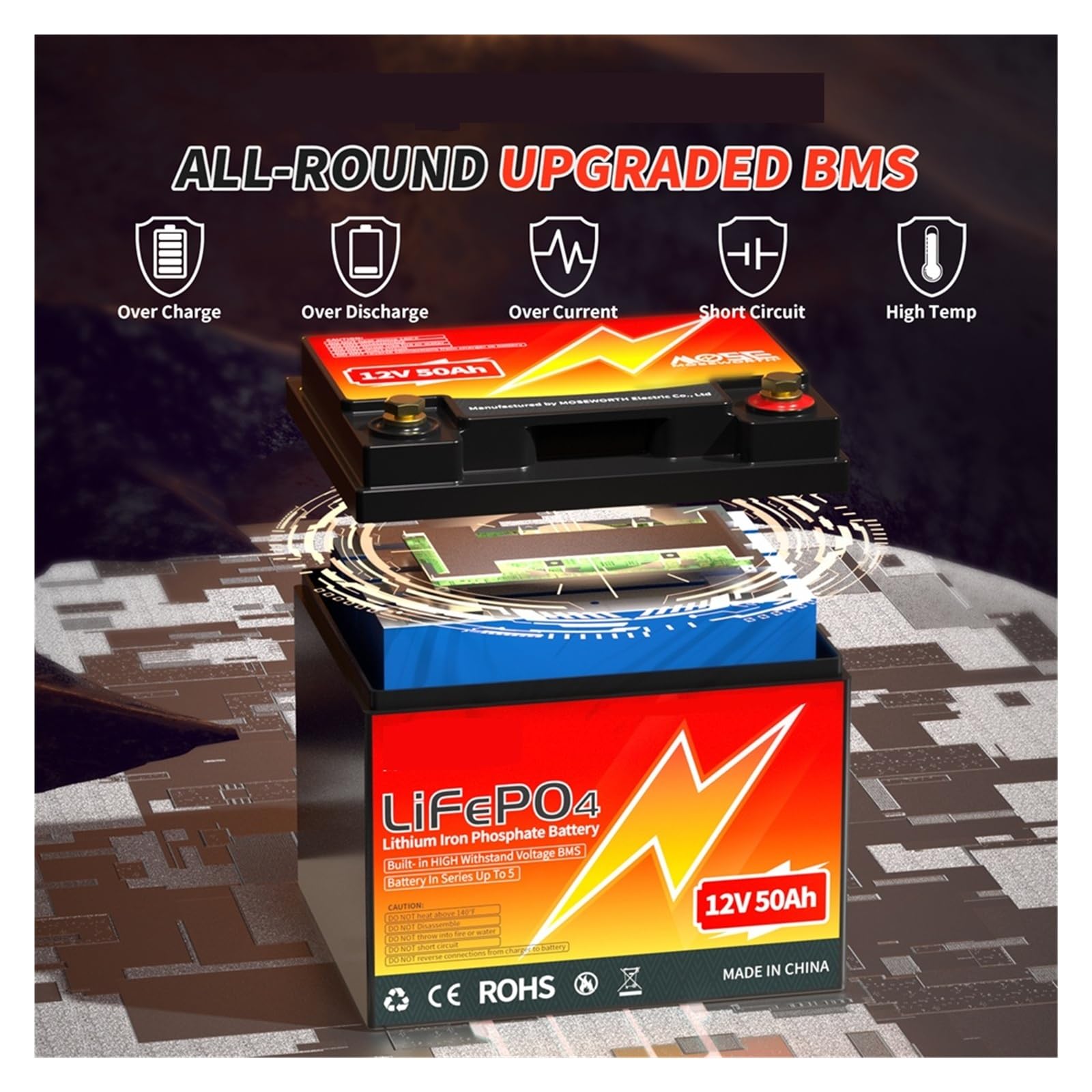 Batería de litio LiFePO4 de 12 V y 50 Ah de ciclo profundo con BMS integrado de 50 A for almacenamiento doméstico, motor de arrastre, autocaravana y sistema solar aislado de la red.