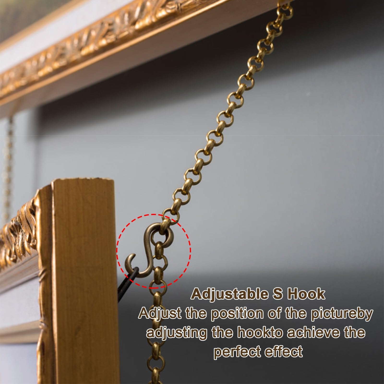Goldene Galerieschiene im Vintage Stil, Robustes Metall Wandaufhängungsset mit Verstellbaren Haken und Ketten for Kunstgalerien, Heimdekoration und Fotopräsentation(90cm/35in)