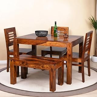 MAMTA DECORATION Solid Sheesham Wood 4 Seater Dining Table Set | Four Seater Dinner Table with 3 Chairs & 1 Bench | Dinning Table Set 4 Seater for Living Room, Hotels & Restaurant | Honey Finish