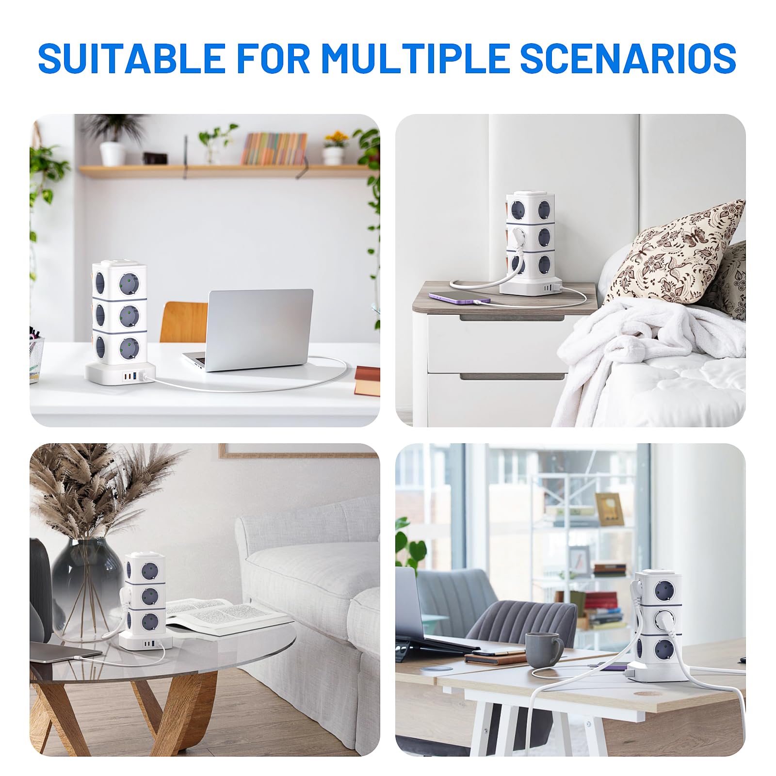 Power Strip Sockets 16 in 1 Vertical Power Strip Plugs with 12 Outlets and 2USB-A 2USB-A 2USB-C Tower Power Strips Sockets 2500W/10A Overload Protection 3 Meter Cable with Switch for Office Home — view 8