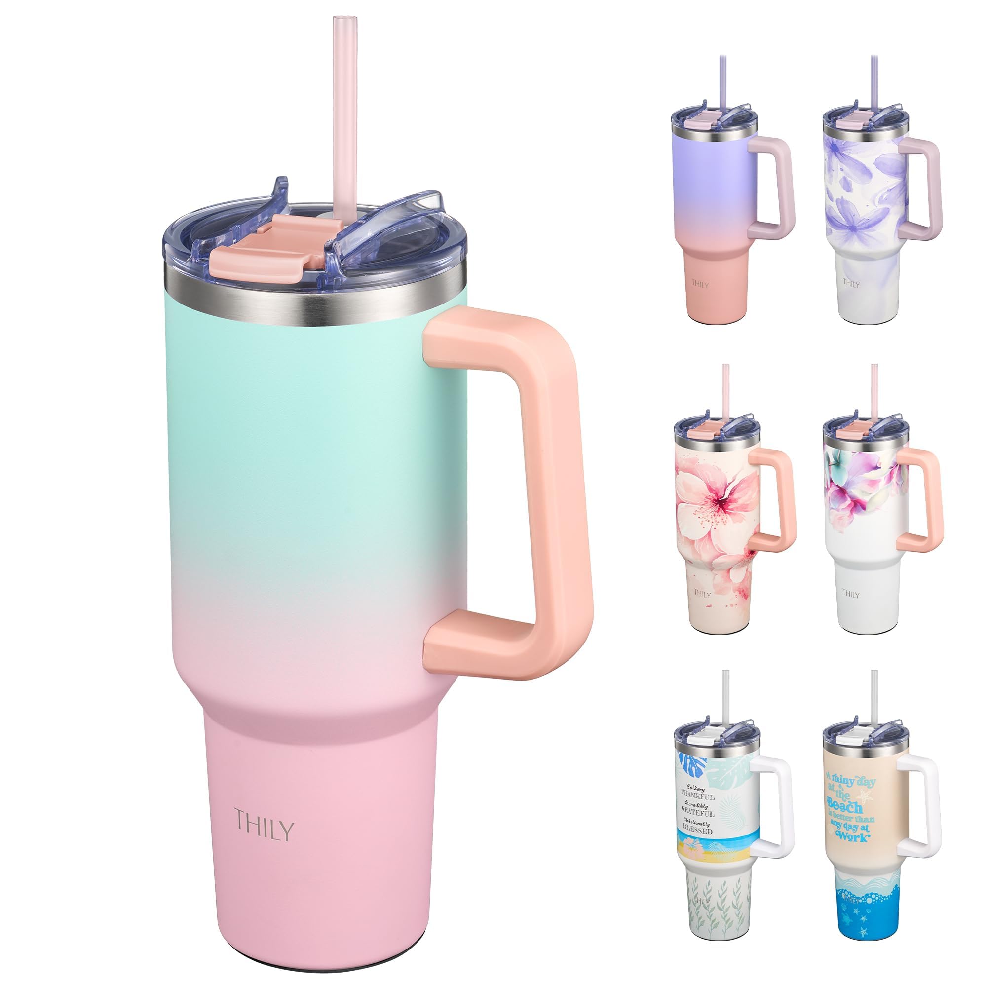 THILY 40 oz Stainless Steel Tumbler with Handle - Vacuum Insulated Travel Cup, Splash-Proof & Leakproof Lid, 2 Straws & Brush | Keeps Cold 34H/Hot 12H, Cupholder Friendly, Candy Pink