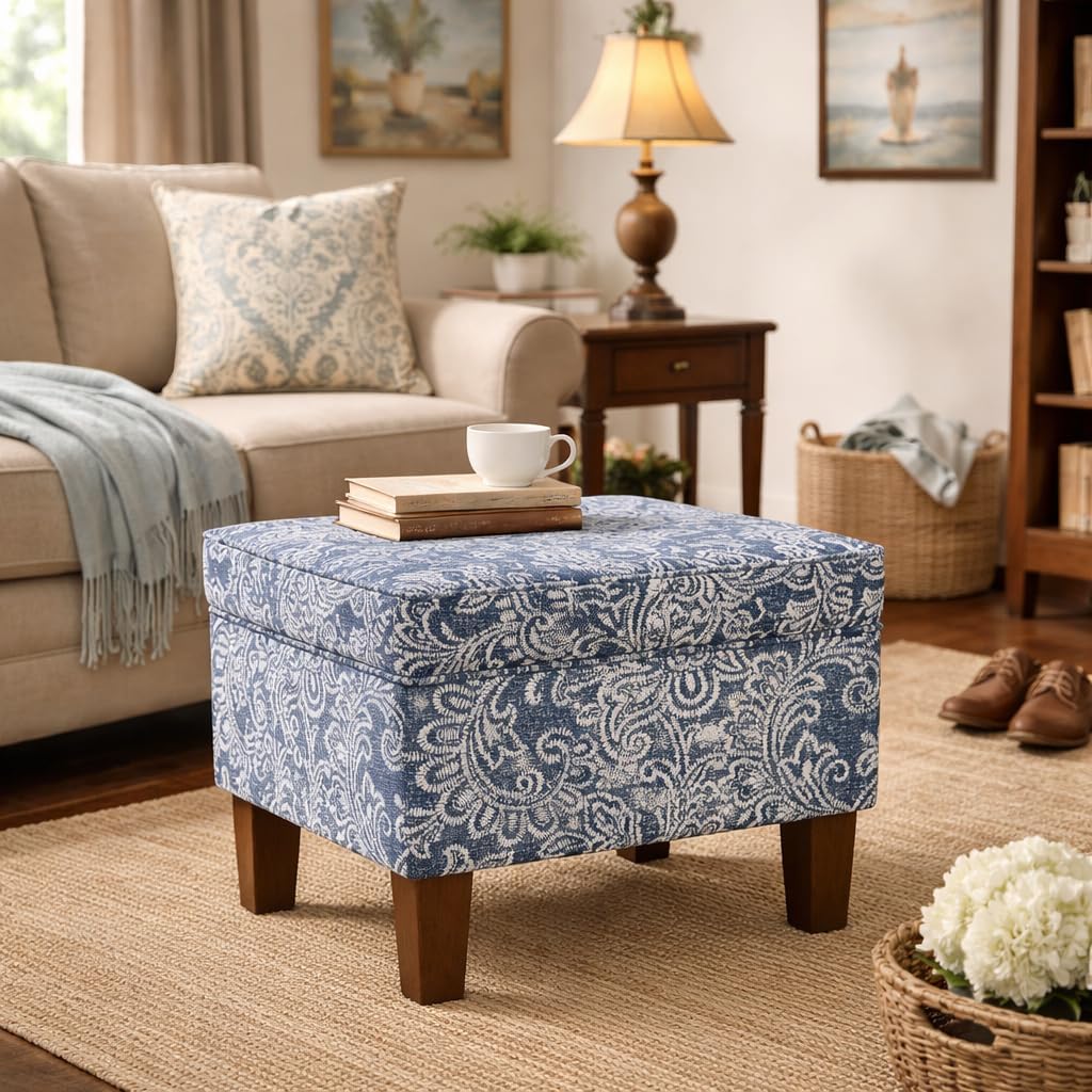 Homepop Home Decor |K7646-A879| Upholstered Modern Rectangular Storage Ottoman | Hinged Lid Ottoman with Storage for Living Room & Bedroom, Blue Denim Jacobean Print