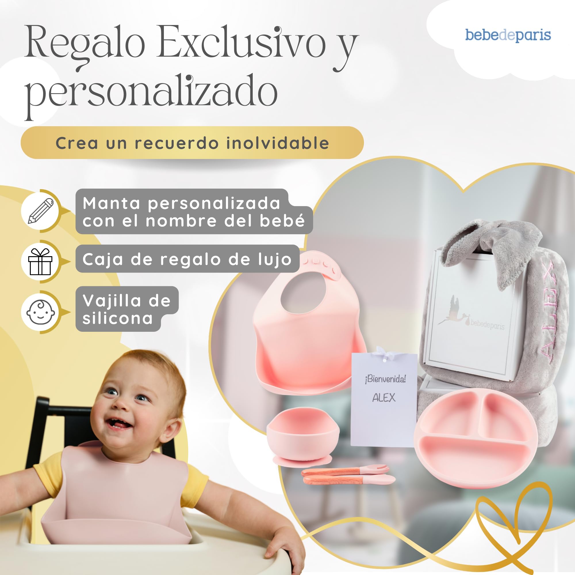 Bestickte Decke mit Namen und Geschirr aus Silikon, umweltfreundliches Geschenk für Babys, Geschenkset für Jungen und Mädchen (Geschirr + Decke, Rosa) | BebeDeParis