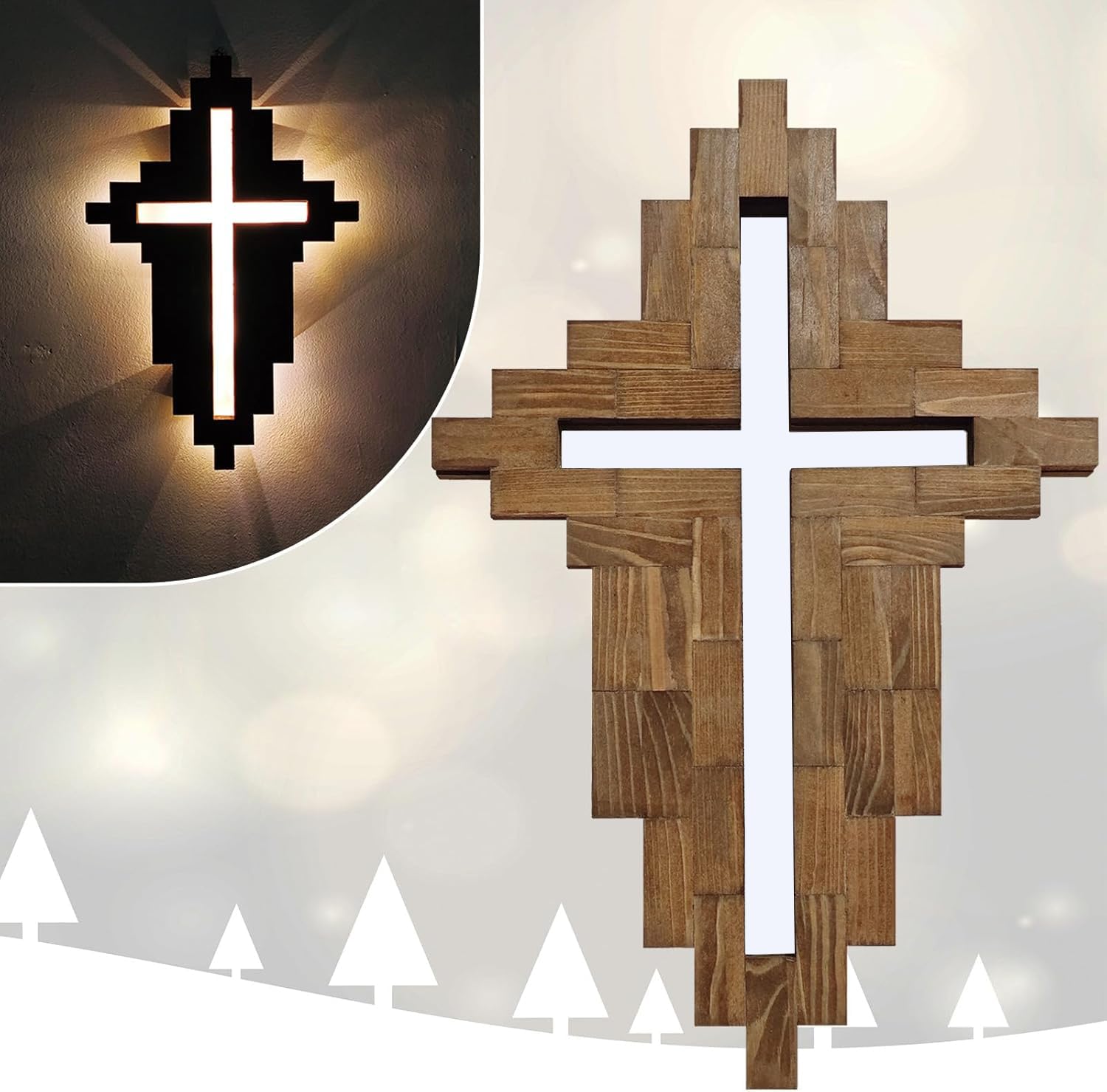 Deborg Wooden Cross for Wall, Handmade Natural Basswood Solid Crosses with Lights & Triangle Hanger, Christmas Light Up Cross Wall Art Decor for Home Livingroom Bedroom Doorway Church Christian Gift